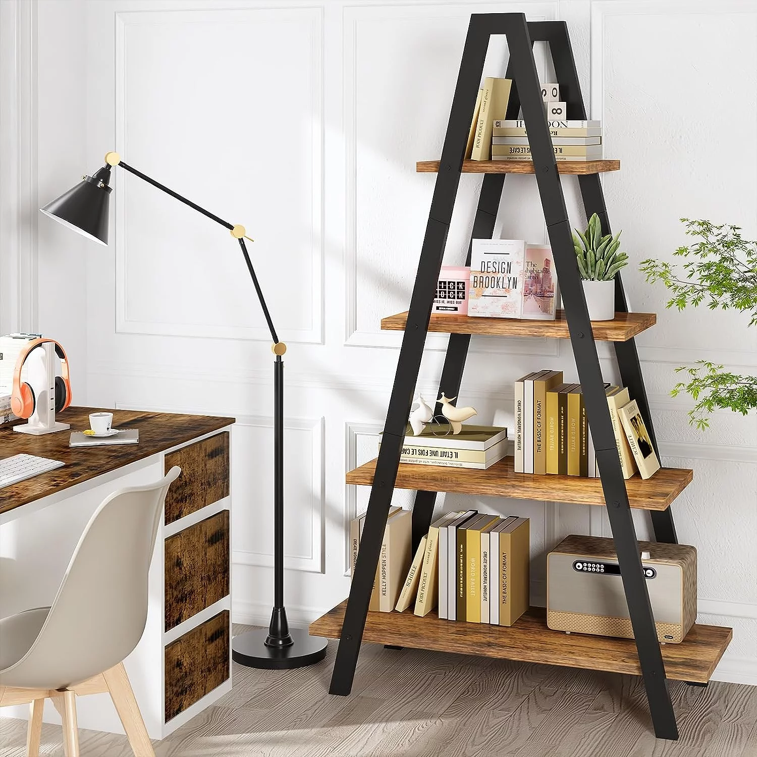 Recaceik 4-Tier Ladder Bookshelf, A-Shaped Bookcase Open Display Shelves with Metal Frame