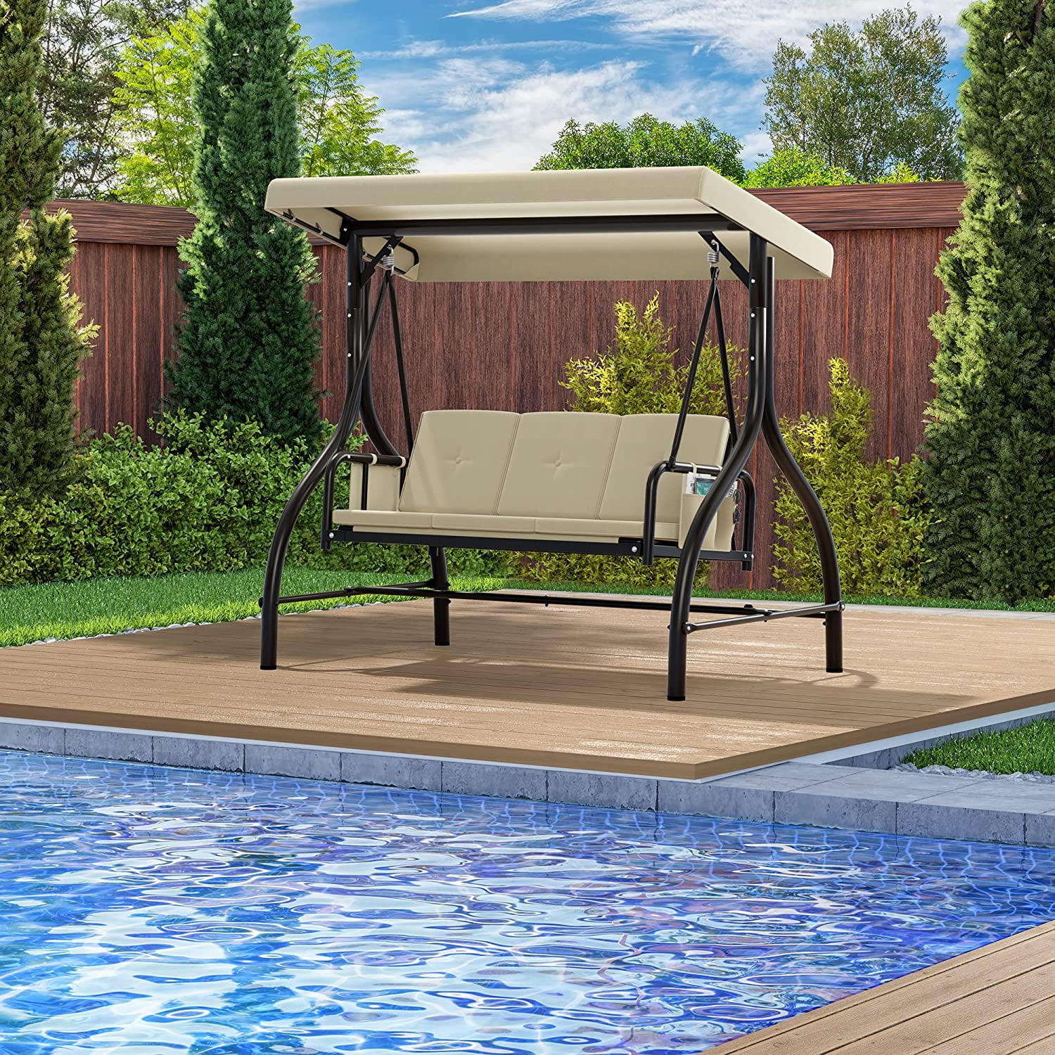 Dextrus Porch Swing Bed 3-Seats Outdoor Patio Swing Heavy Duty Swing Chair with Adjustable Canopy Removable Cushion , Beige