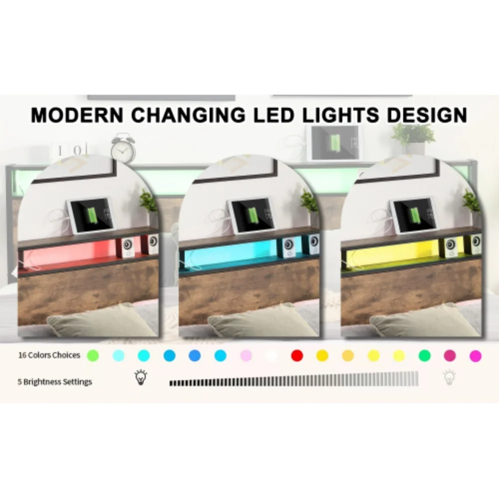 King Bed Frame, Storage Headboard with Charging Station, Solid and Stable, Noise Free, No Box Spring Needed, Easy Assembly  Antique brown + Metal & Wood + Bedroom + King + Bed Frame + Metal