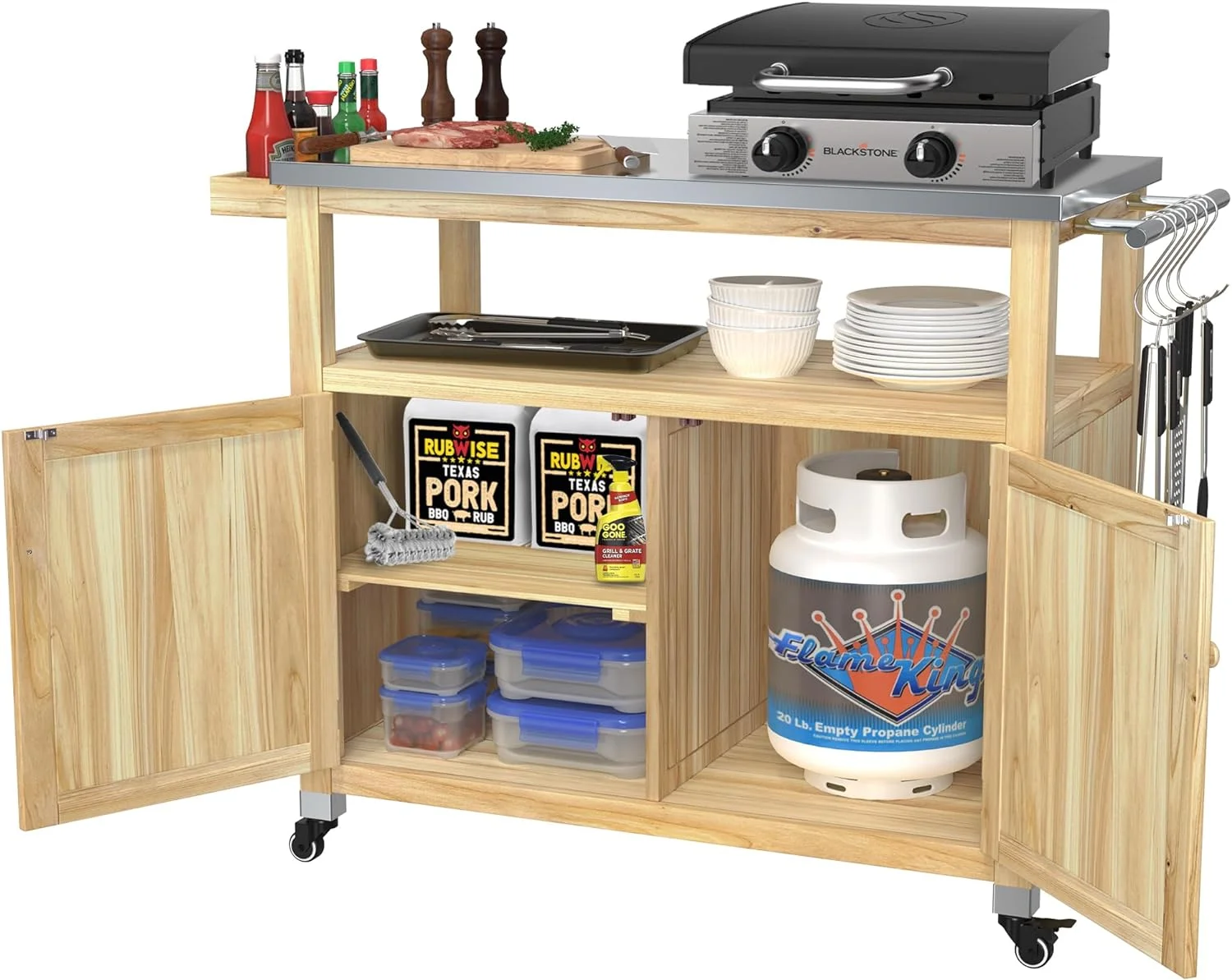 Outdoor Storage Cabinet Solid Wood Prep Grill Table with Stainless Steel Top Waterproof Cover