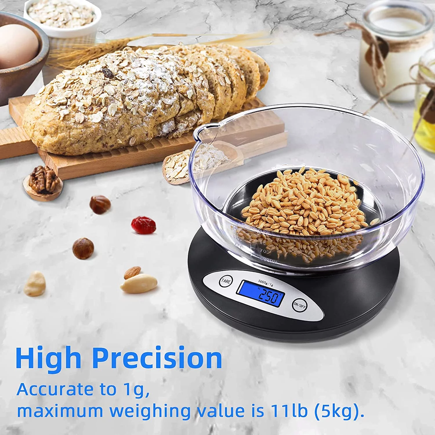 Digital Kitchen Scale, Highly Accurate 5000g/11lb x 0.1oz, Food Scale for Cooking, Baking and Weight Loss, Kitchen Scale with Bowl 2 Modes and Tare Features, Back-lit LCD Display