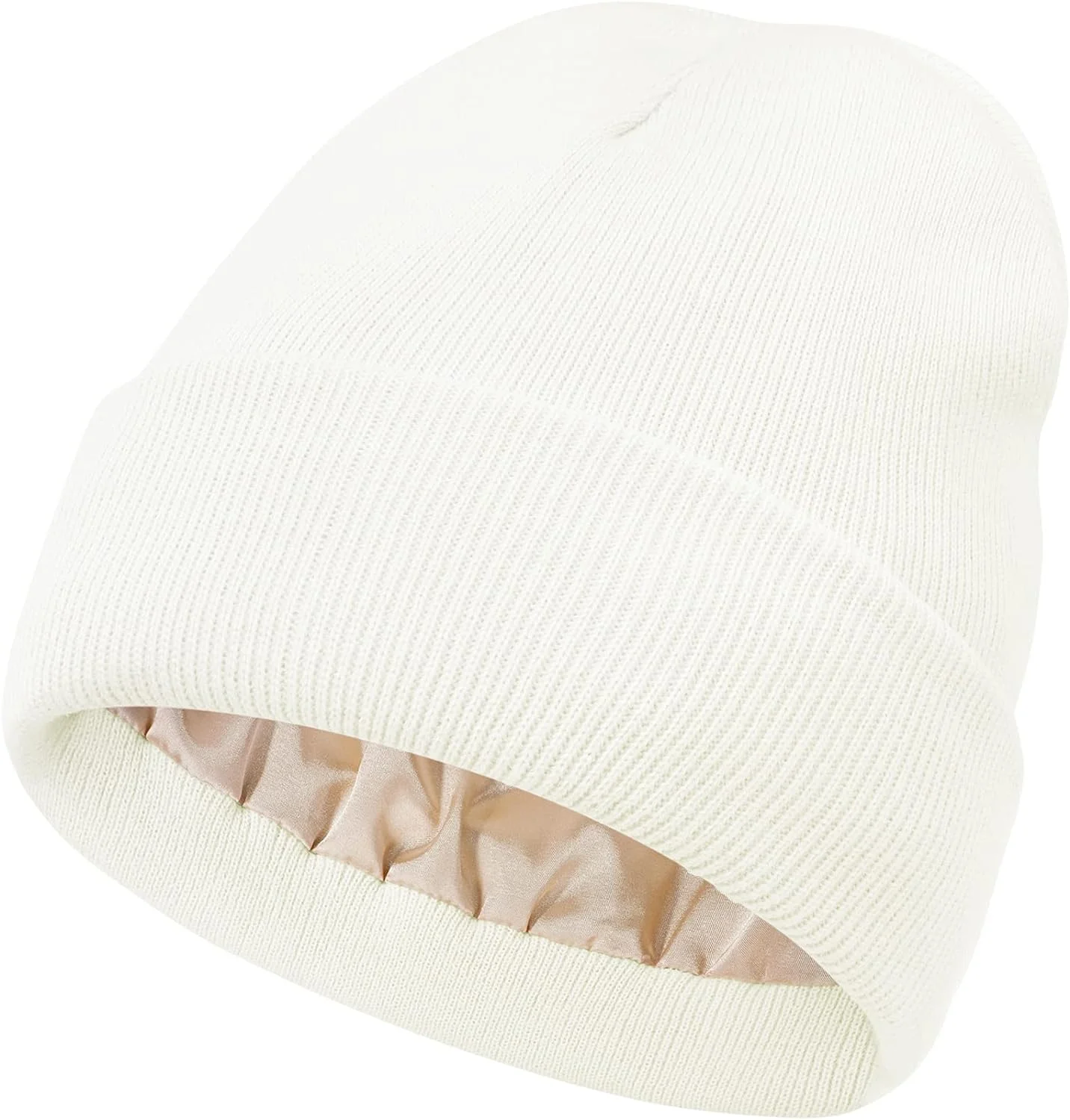 Women Satin Lined Knit Beanie Hat Winter Hats for Women Men Silk Lining Soft Slouchy Warm Cuffed Beanie Hat (White)
