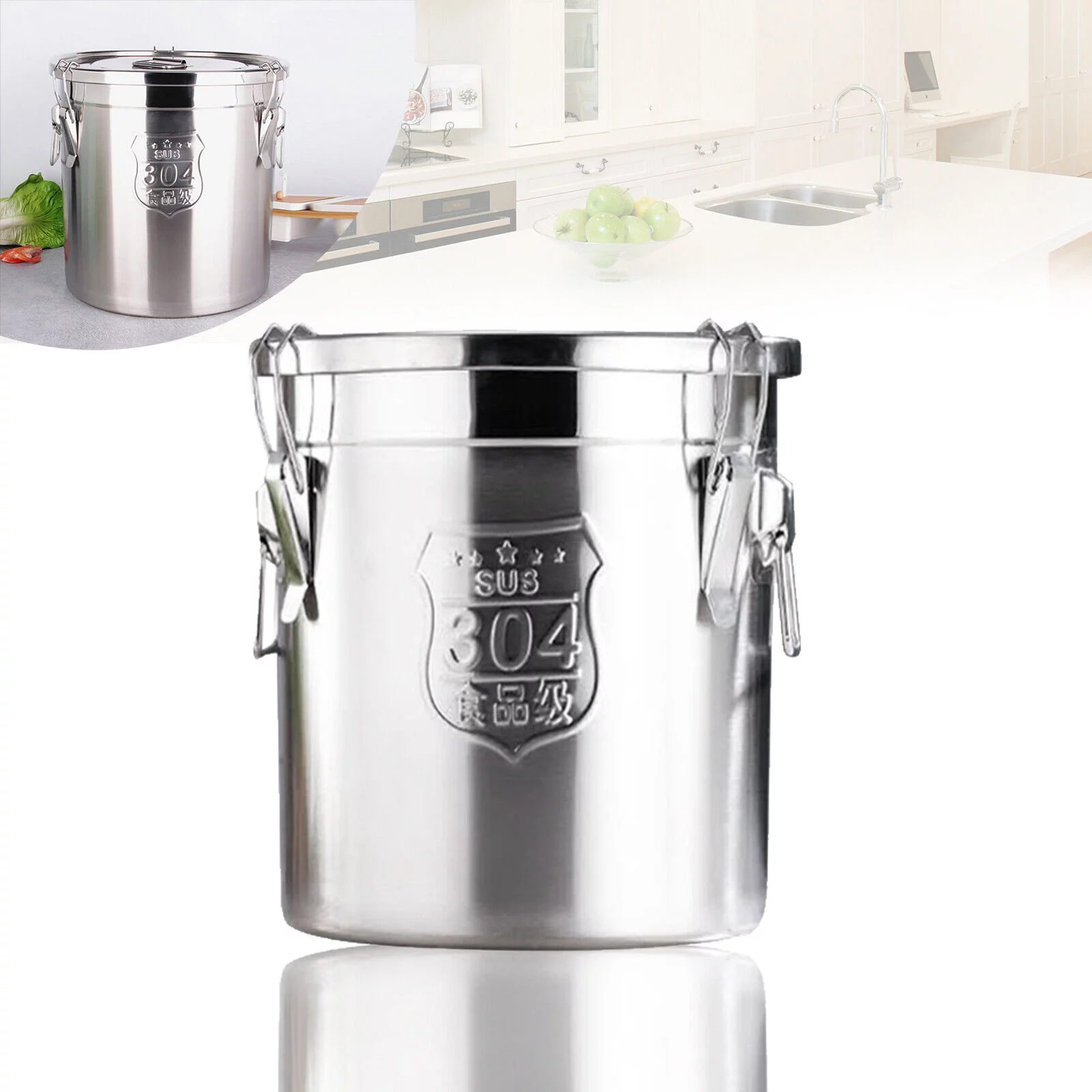 Silver 6L Household Stainless Food Barrel Bucket Dry Food Storage Container with Lid