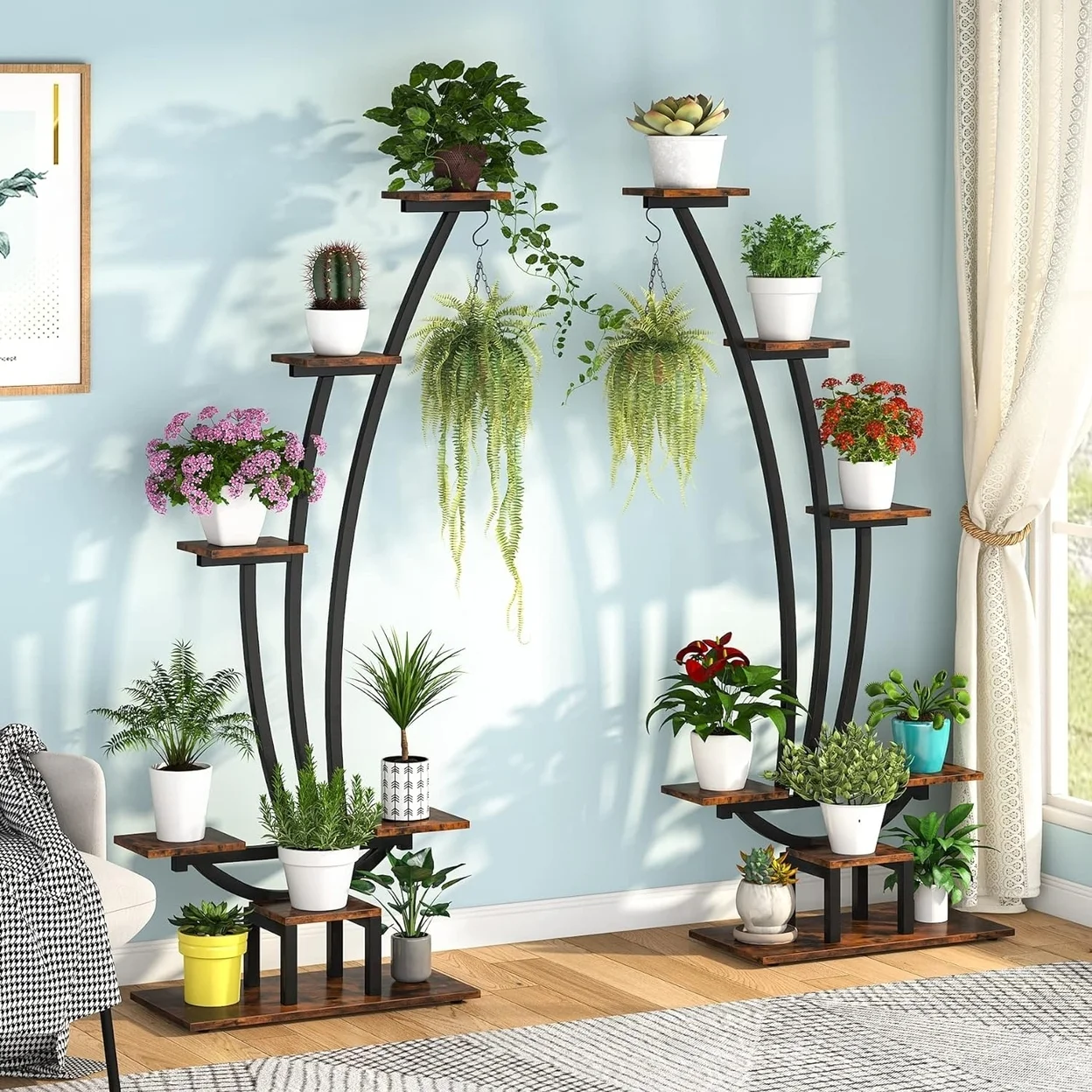 Tribesigns 6 Tier Metal Plant Stand Pack of 2 Multi-Purpose Curved Plant Display Shelf with 2 Hanging Hooks