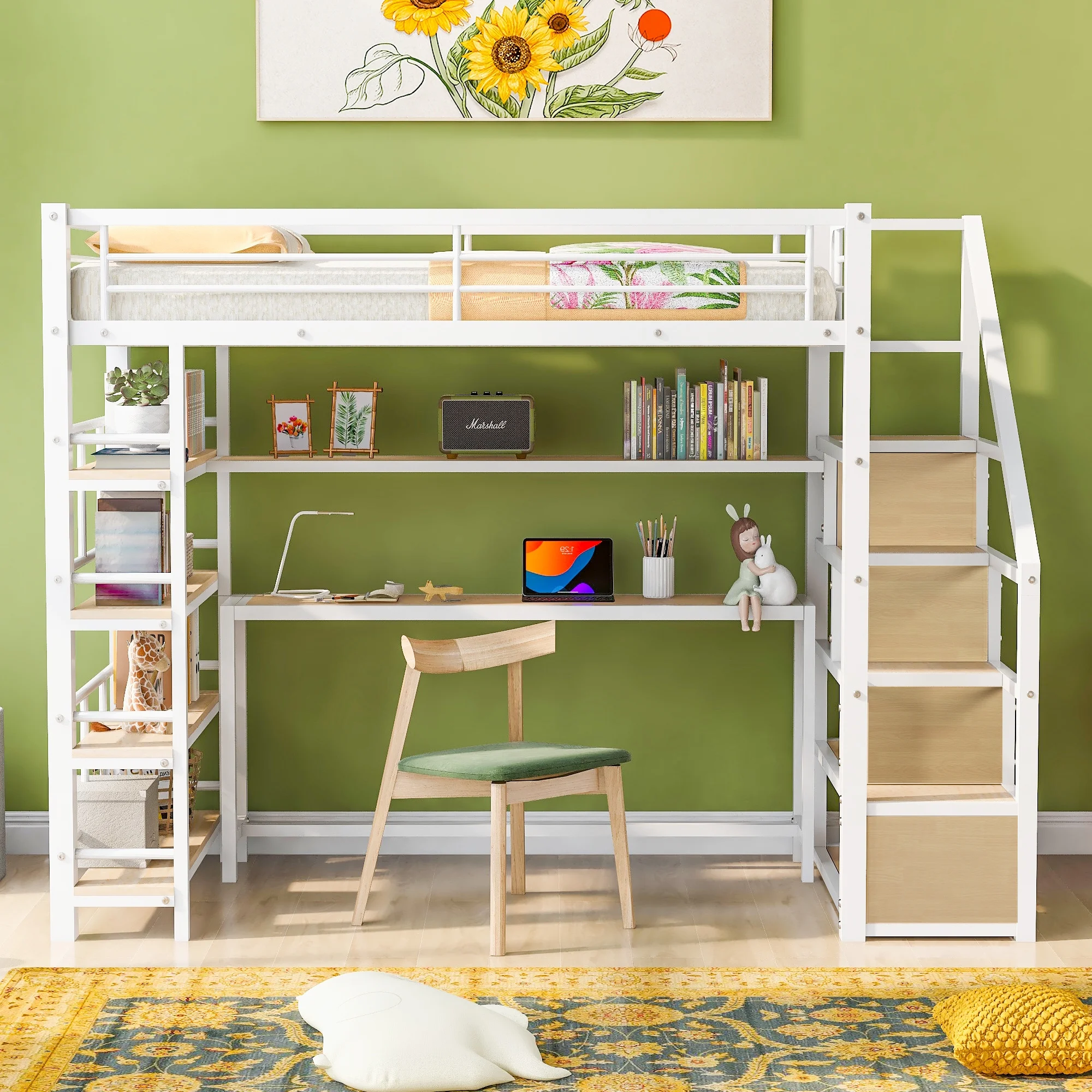 Bellemave Twin Size Metal Loft bed with Stairs and Desk, Heavy-Duty Steel Loft Bed Frame Built-in Storage Shelves, Loft Bed Twin for Kids Teens Adults,White