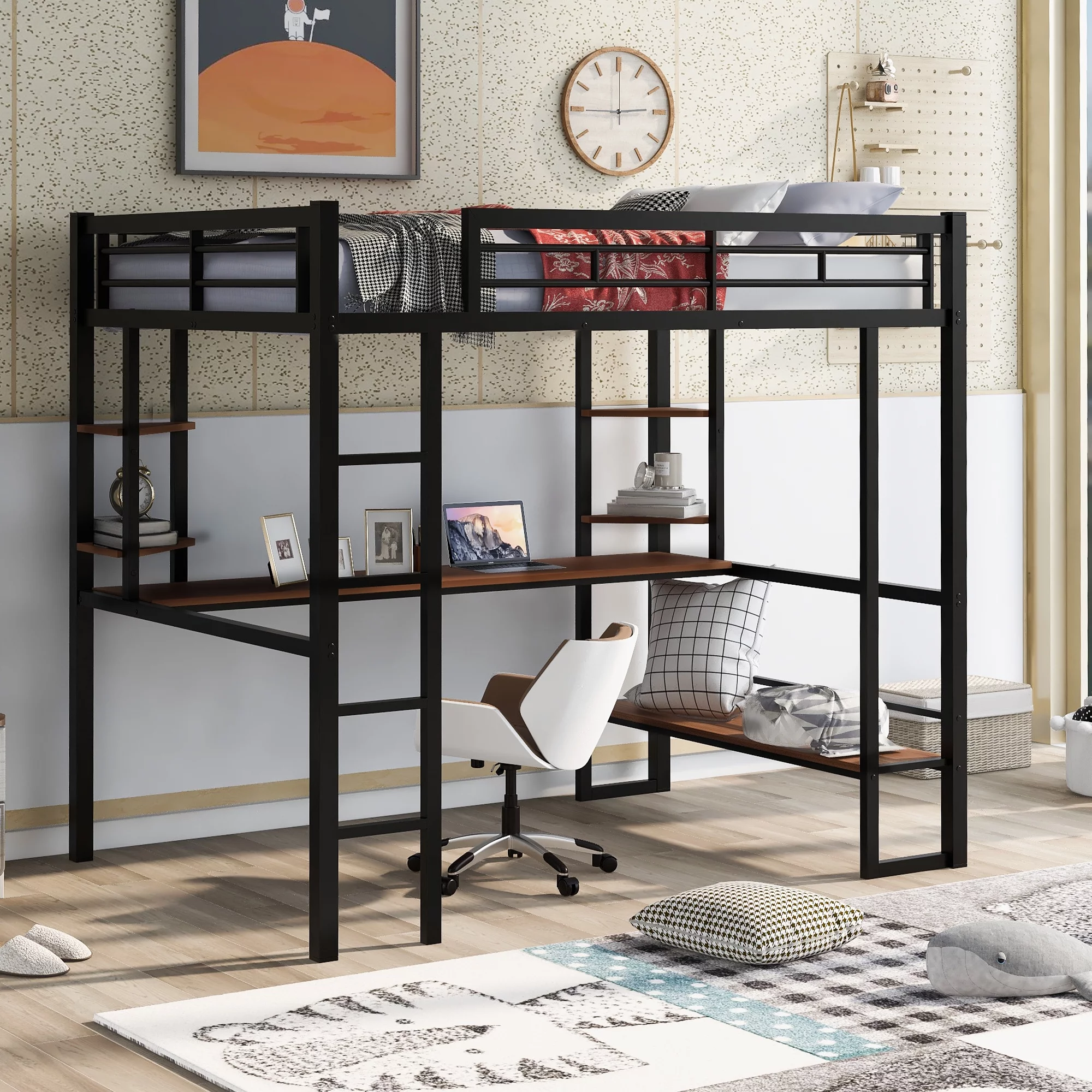 Euroco Full Size Loft Bed with Desk and Shelf, Space Saving Metal Bed, Black