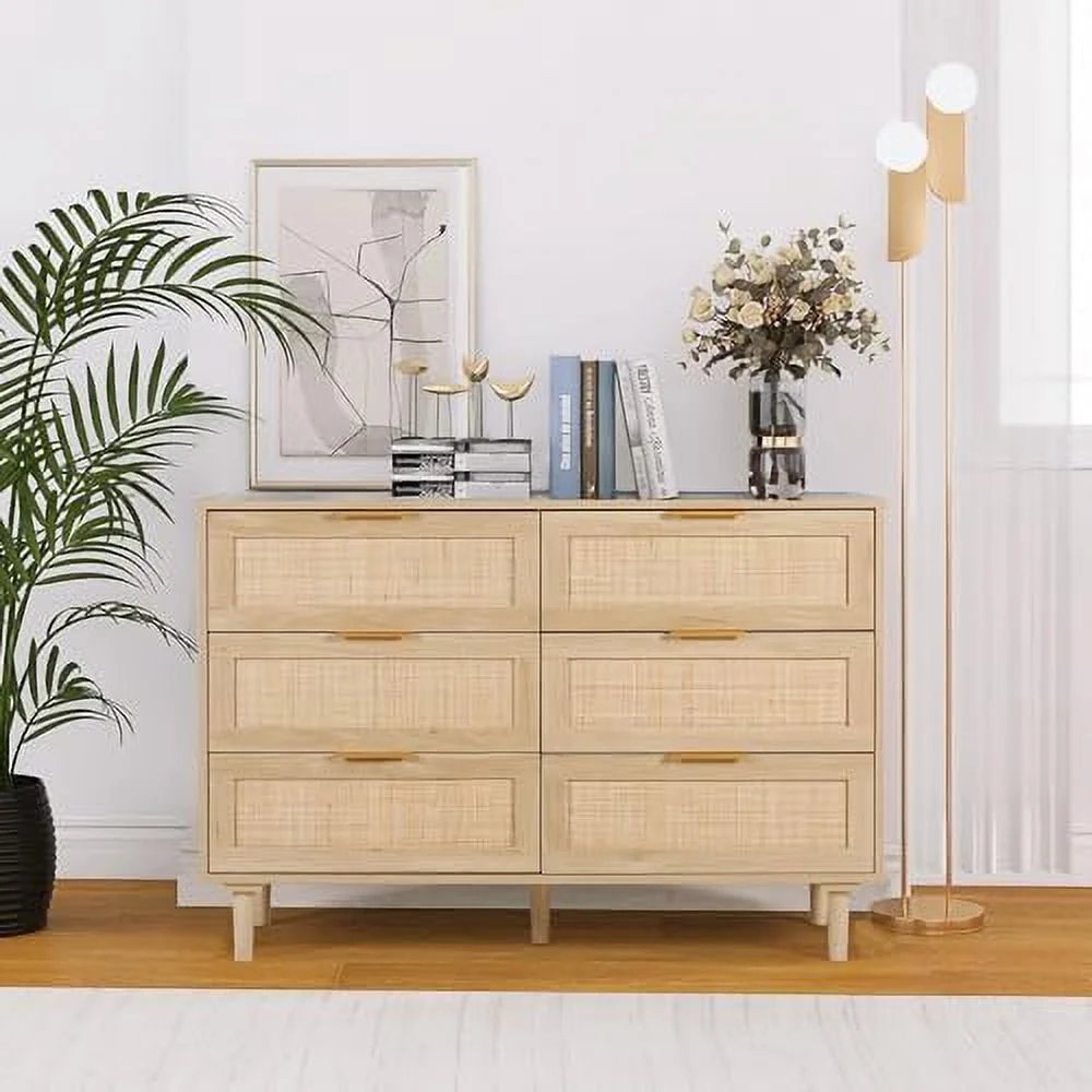 6 Drawer Dresser Rattan Dresser  Chest with Drawers Wood  Closet Dressers Chest of Drawers for Bedroom Living Room Hallway (Natural)