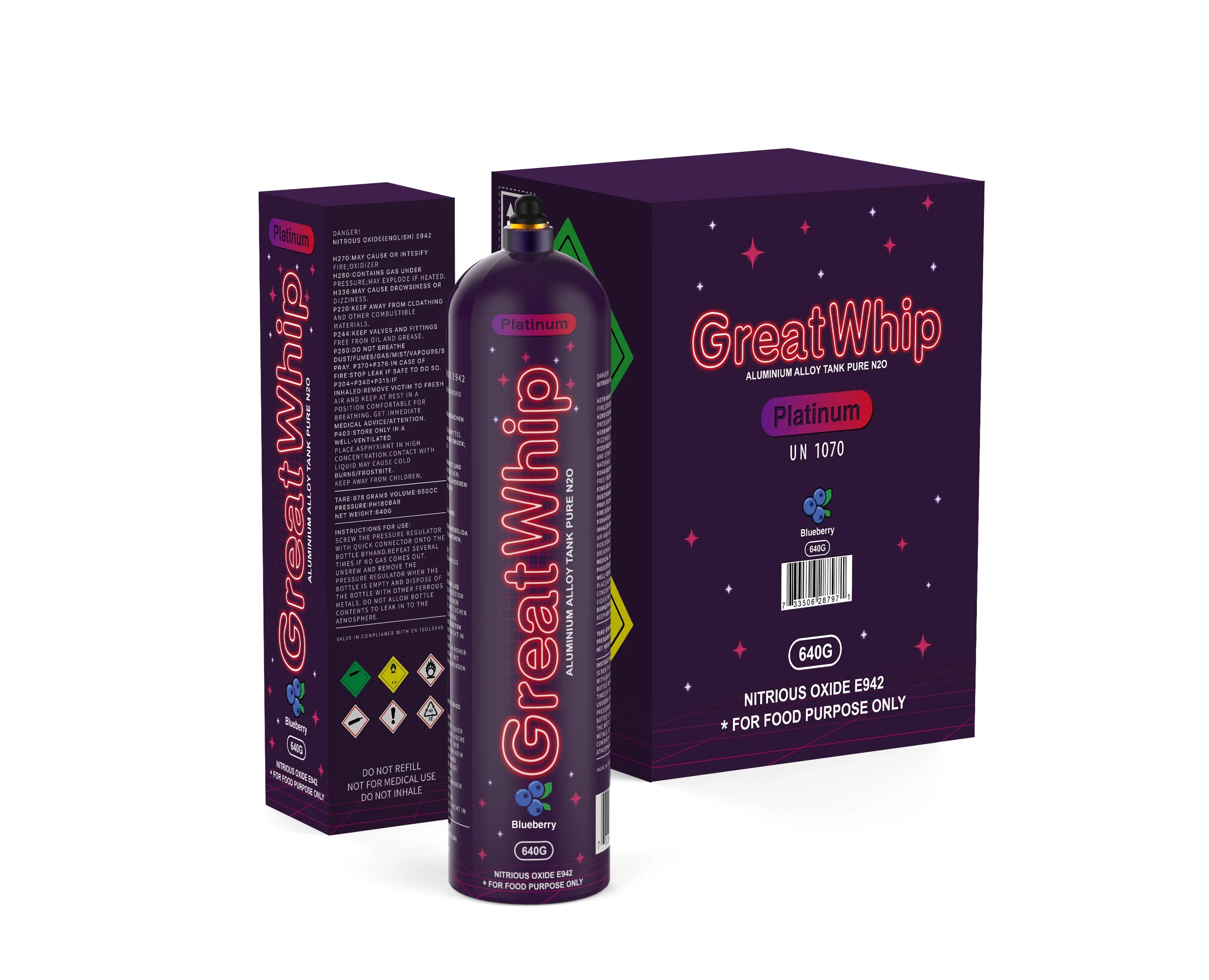 GreatWhip N2O Whipped Cream Charger Aluminium Blueberry Flavored  Pure 640g Lightest Bottle Nitrous Oxide Tanks (6 Cylinders)