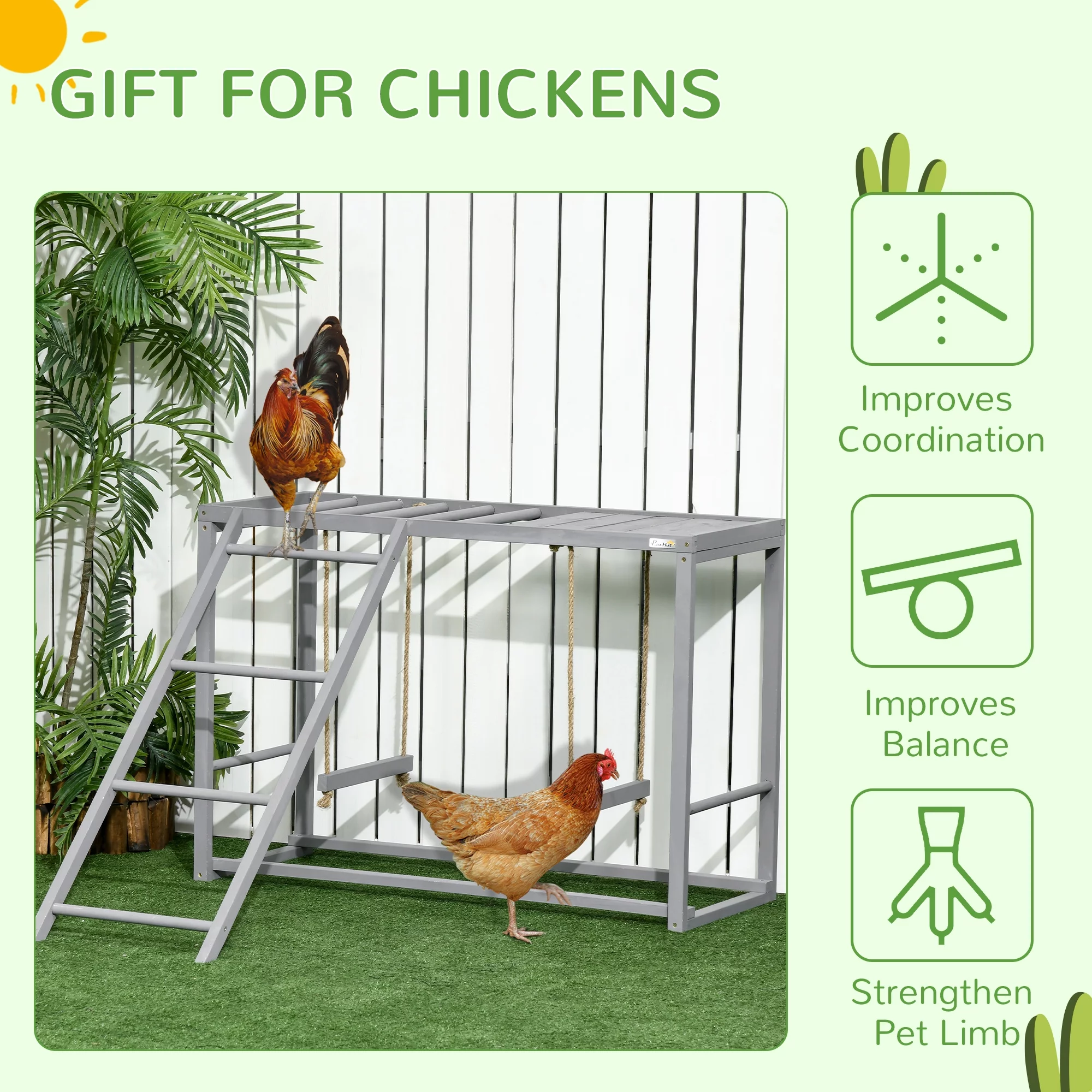 PawHut Wooden Chicken Activity Play w/ Swing Set, Chicken Coop Toy Gray