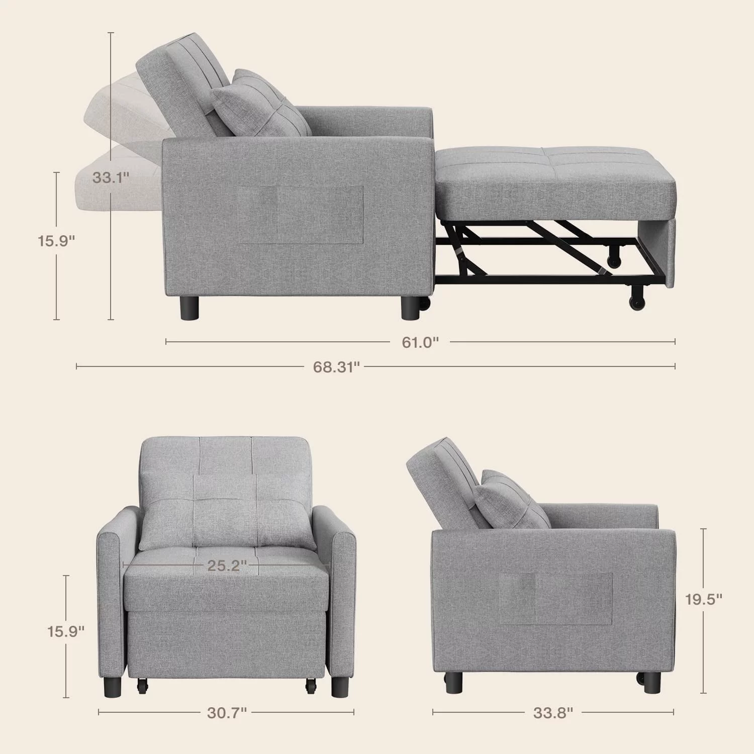 Sofa Beds Chair 3 in 1, Convertible Chair Single Bed, Grey