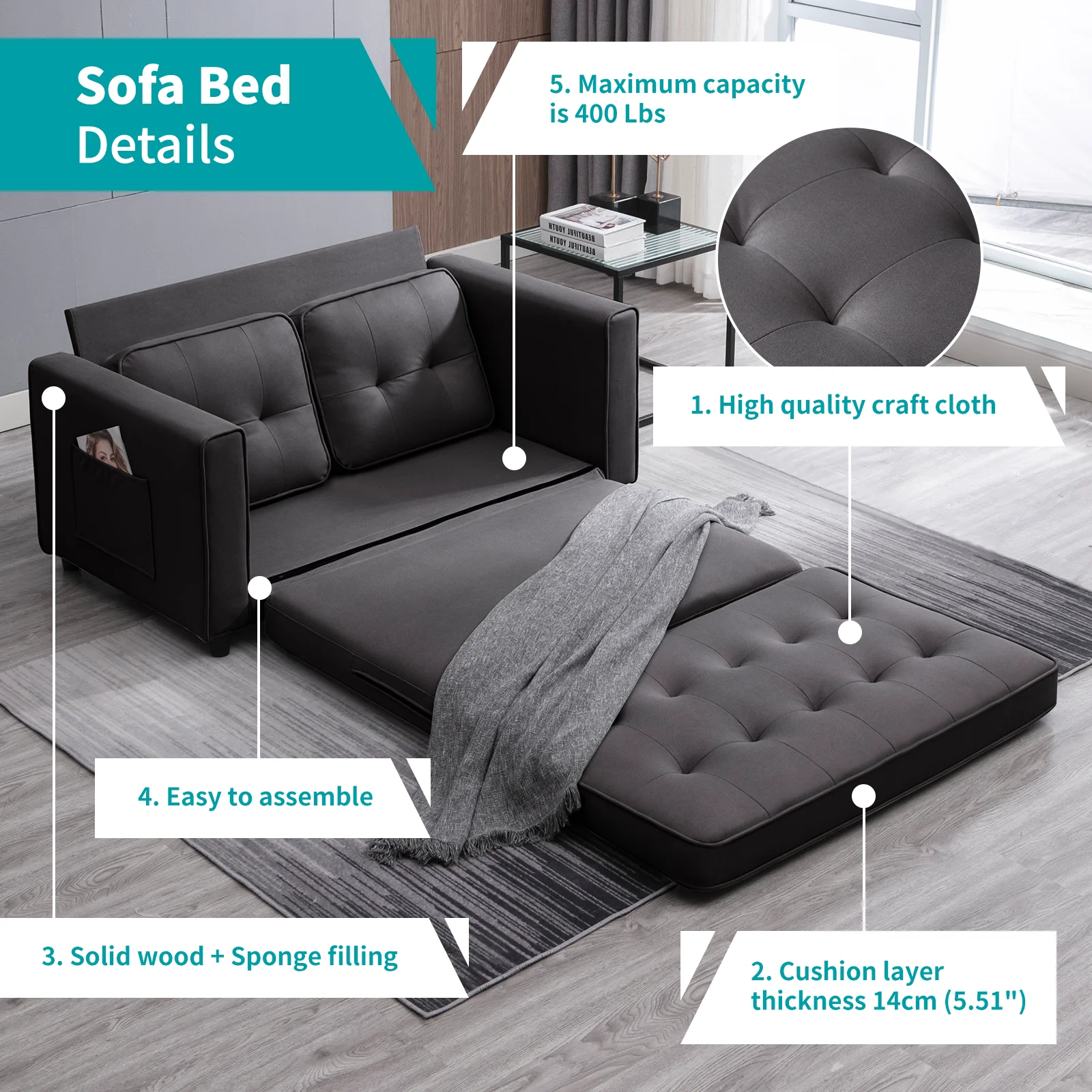 BALUS 3-in-1 Pull Out Sleeper Sofa Bed with Dual Side Pockets, Loveseat Sofa Sleeper, Dark Gray