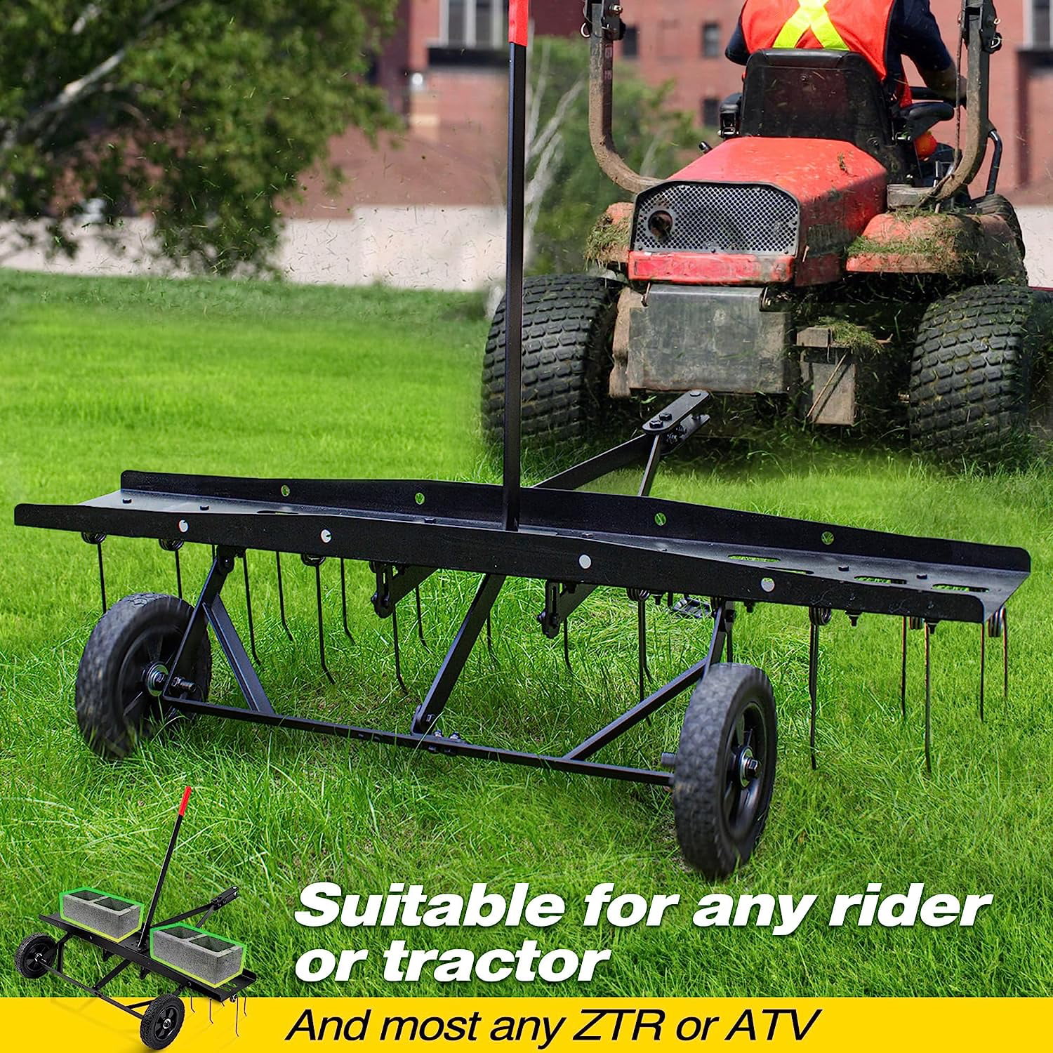 Suchtale 48inch Tow Behind Dethatcher with 24 Spring Steel Tines,Lawn Sweeper Garden Grass Tractor Rake Removes Thatch from Large Lawns, Riding Lawn Mower Attachments for Outdoor Yard Tools Lawn Care