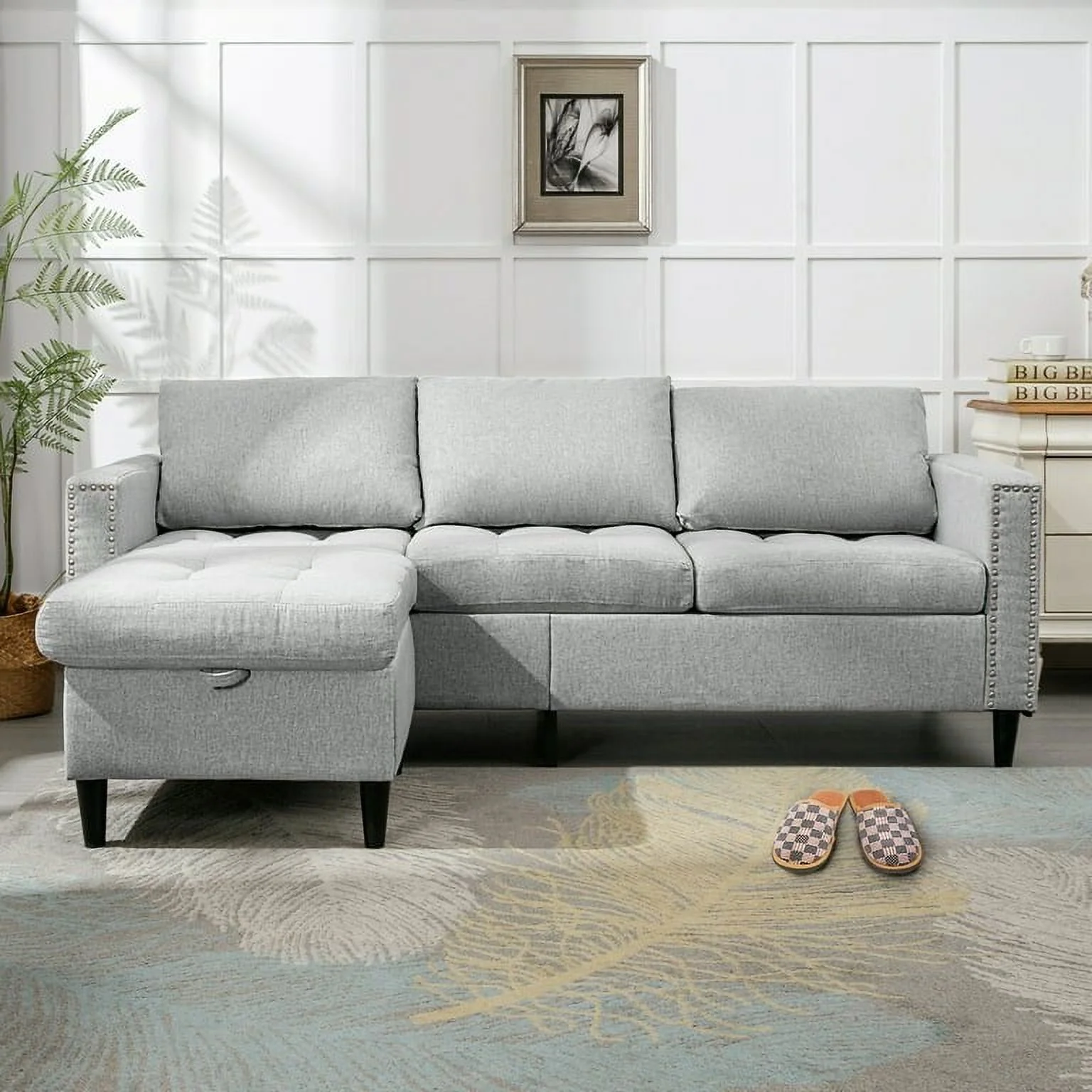 Mixoy Reversible Modular Sectional Sofa Couch Set,L-Shaped 3-Seater Sofa with Storage Ottoman - 77.1in*54.3in*31.8in Light Grey