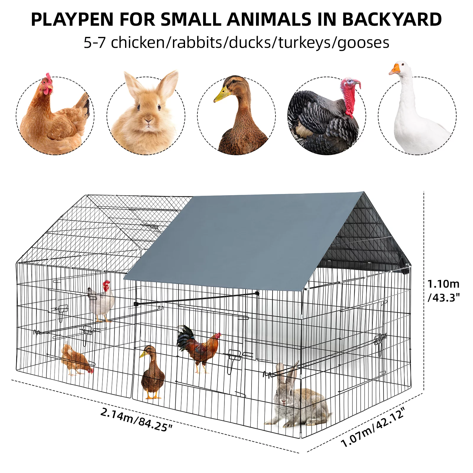 RichYa Metal Chicken Coop Duck Cage Pens Crate Fence Pet Playpen with 6 Doors