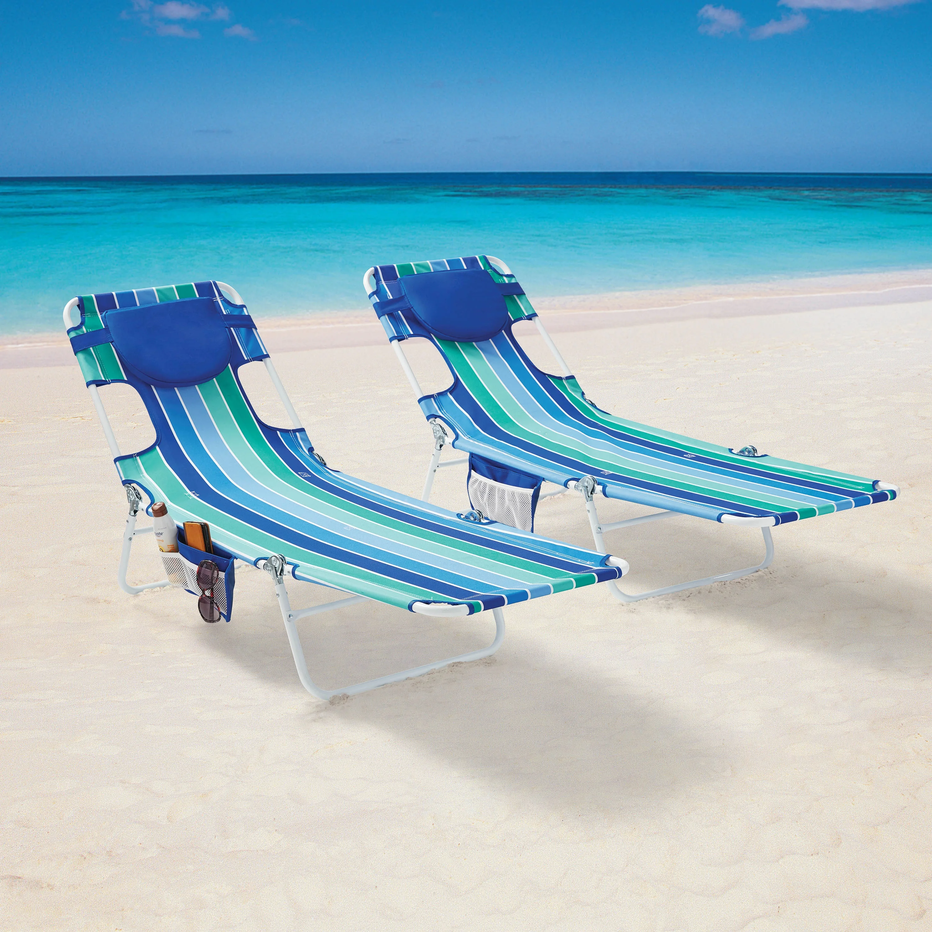 2-Pack Mainstays Folding Backpack Face-Down Beach Lounger, Blue & Green Stripe