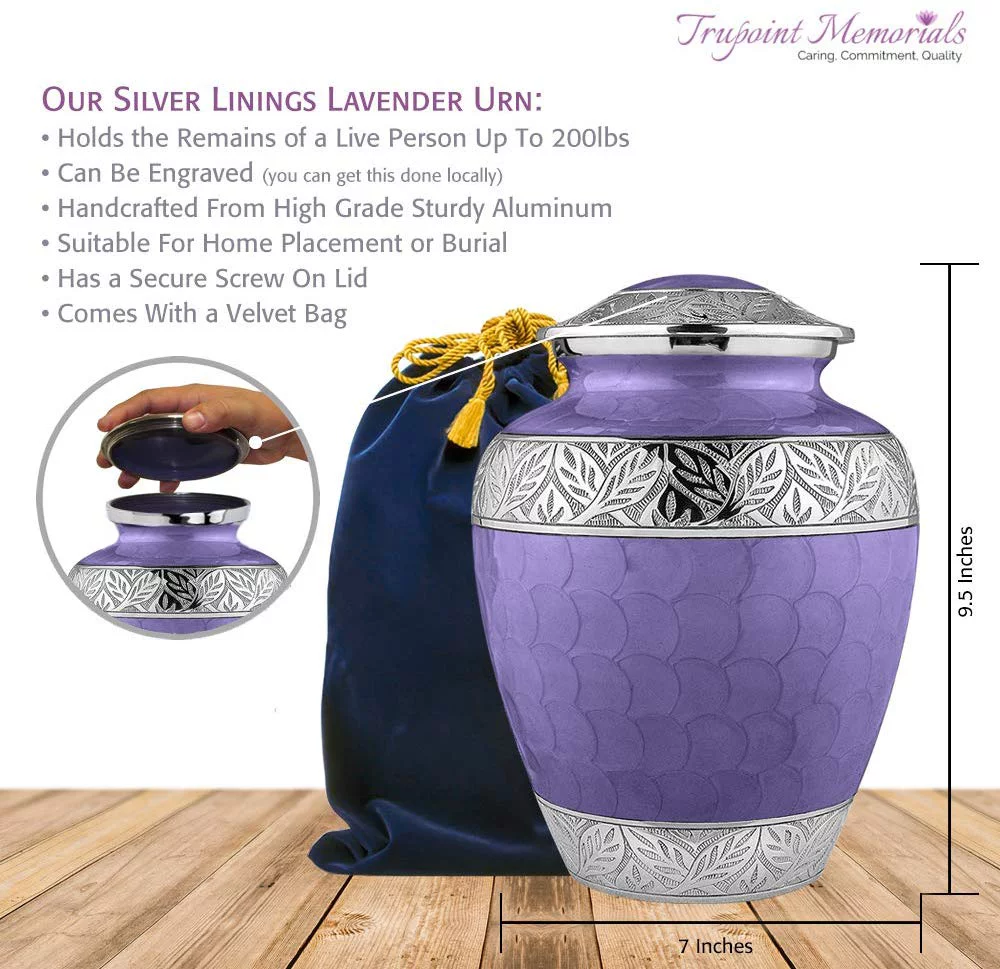 Trupoint Memorials Silver Linings Lavender Large Adult Urns For Cremation Ashes In Home, For up to 200 lb Person with Velvet Bag