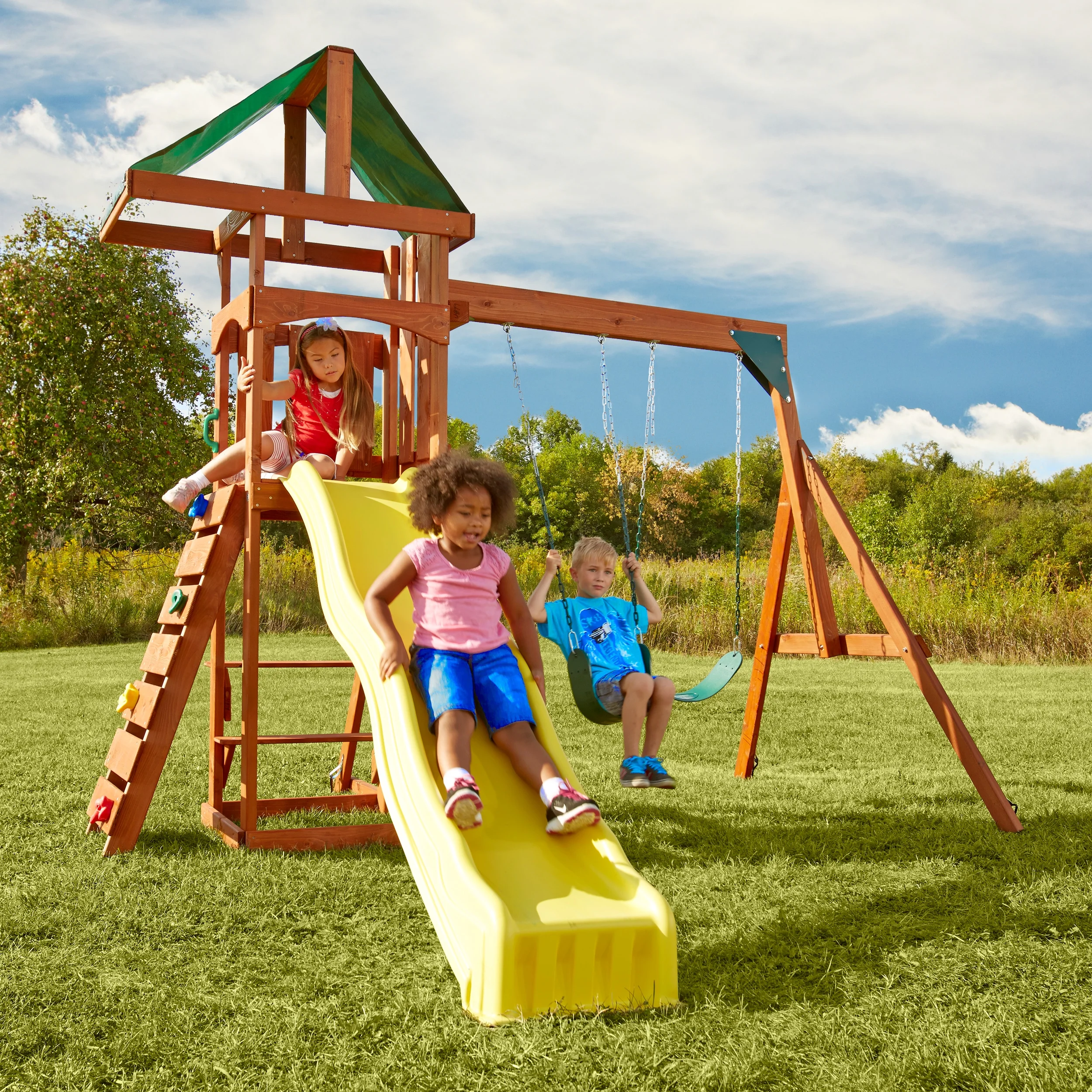 Swing-N-Slide Scrambler Wooden Backyard Play Set With Slide, Climbing Wall, and Swings