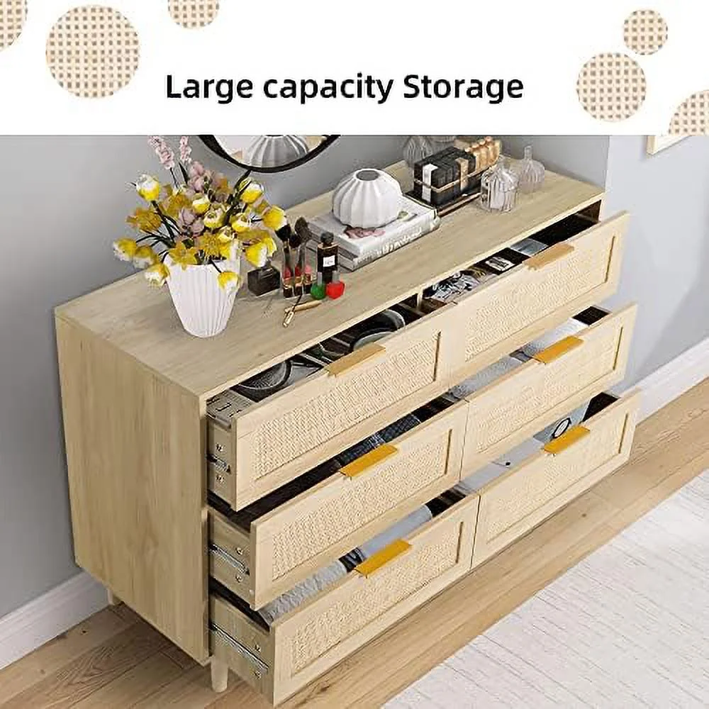 6 Drawer Dresser Rattan Dresser  Chest with Drawers Wood  Closet Dressers Chest of Drawers for Bedroom Living Room Hallway (Natural)
