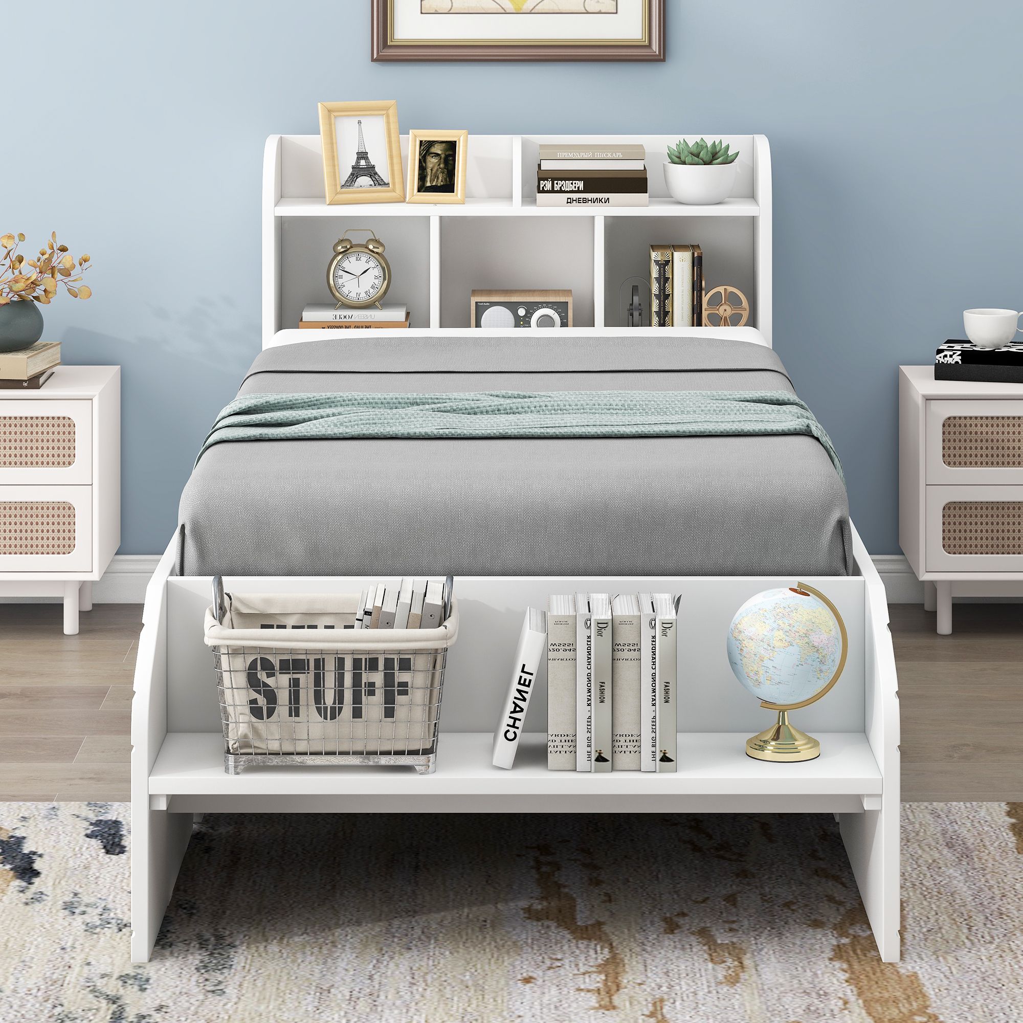 Solid Wood Bed Frame with 2 Drawers, Storage Headboard and Footboard, Platform Bed Frame, Mid Century Bedframe, Multi-Storage Space Wood Foundation(White, Twin)