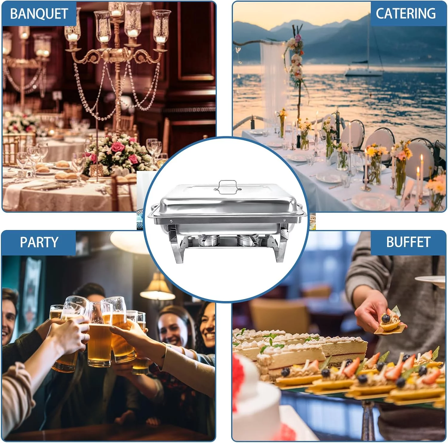 JSTUOKE Chafing Dish 6 Packs 9L/8QT Stainless Steel Chafer Full Size Rectangular Chafers for Catering Buffet Warmer Set with Folding Frame