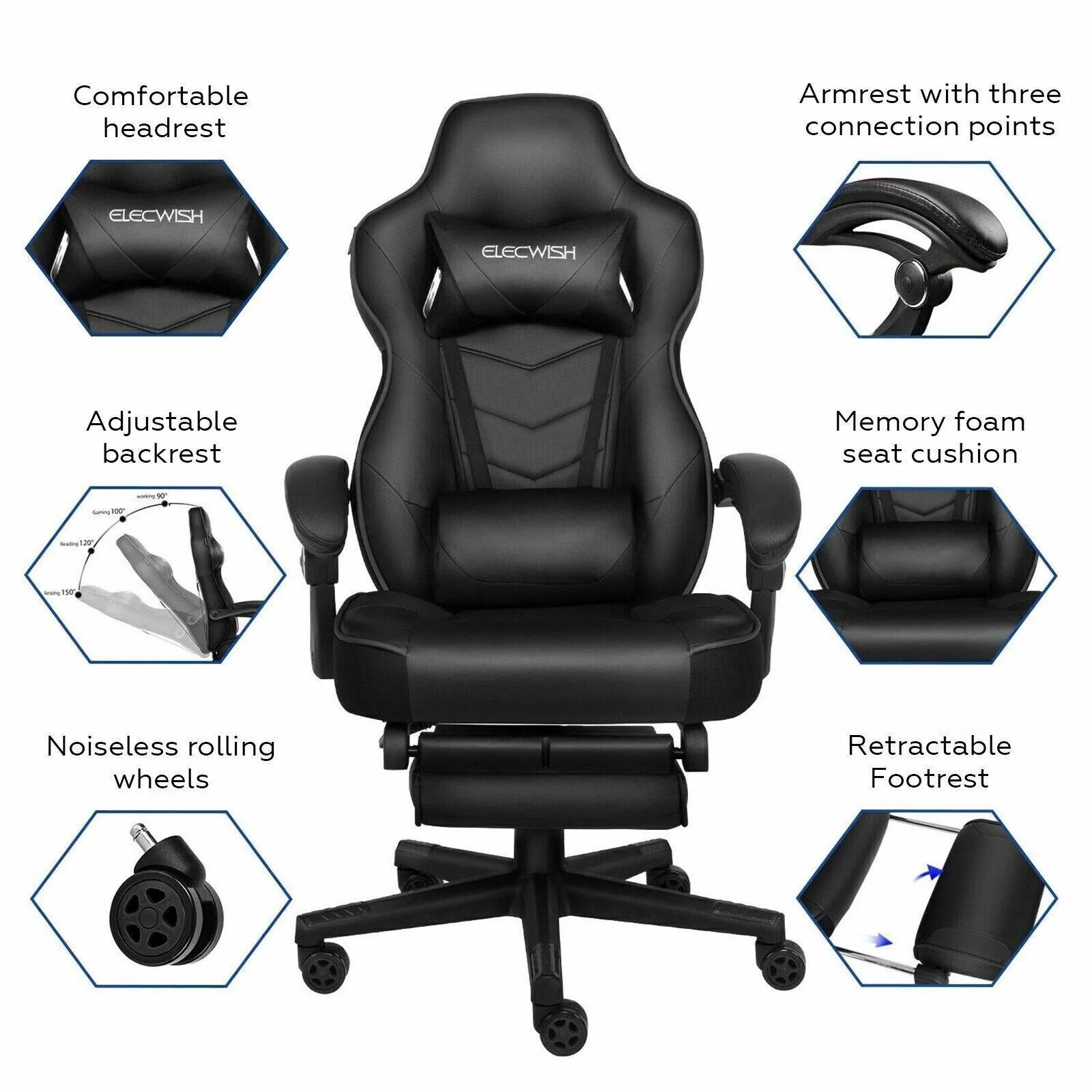ELECWISH Gaming Chair Ergonomic Computer Office Chair Recliner Swivel Seat