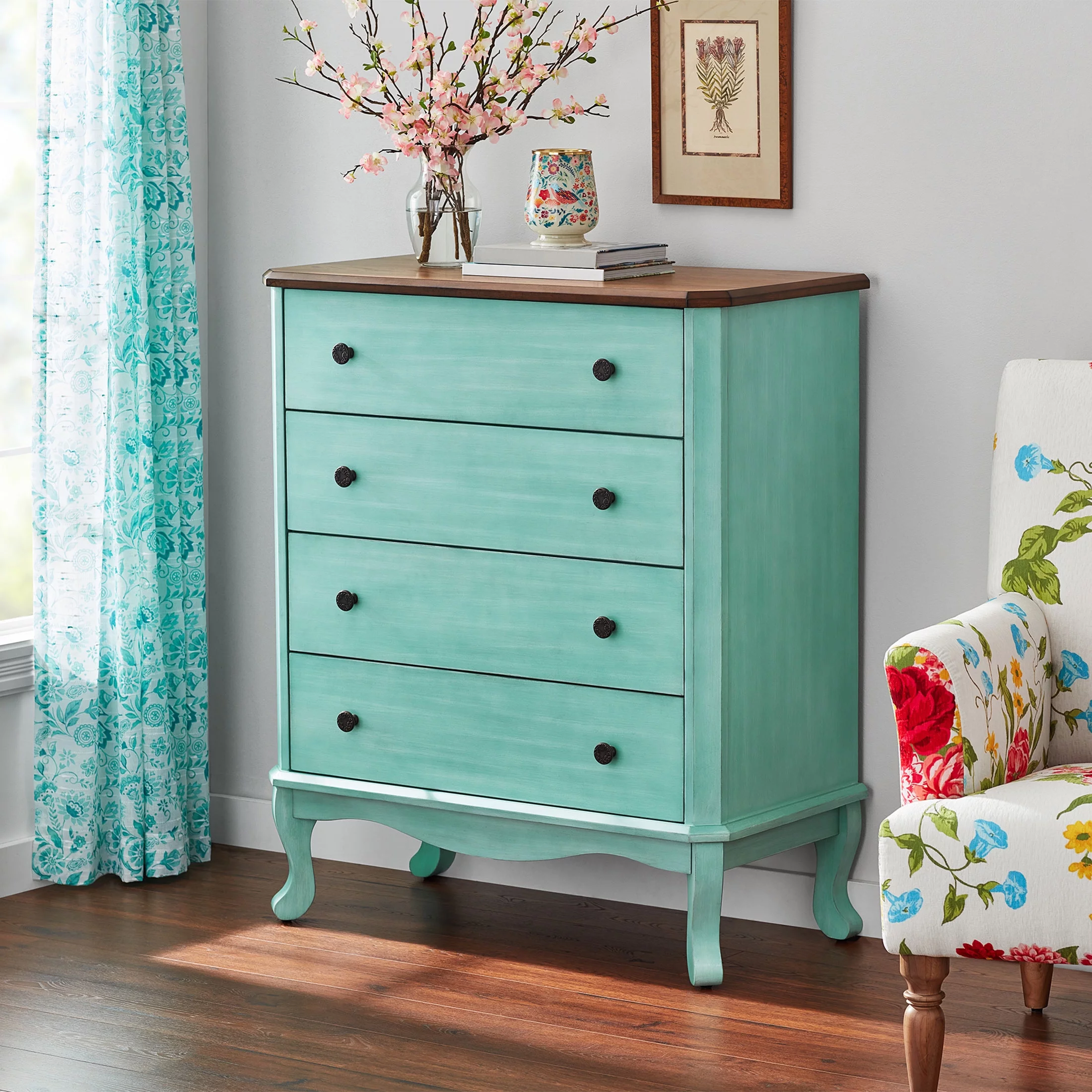 The Pioneer Woman 4-Drawer Dresser Made With Solid Wood Frame, Teal