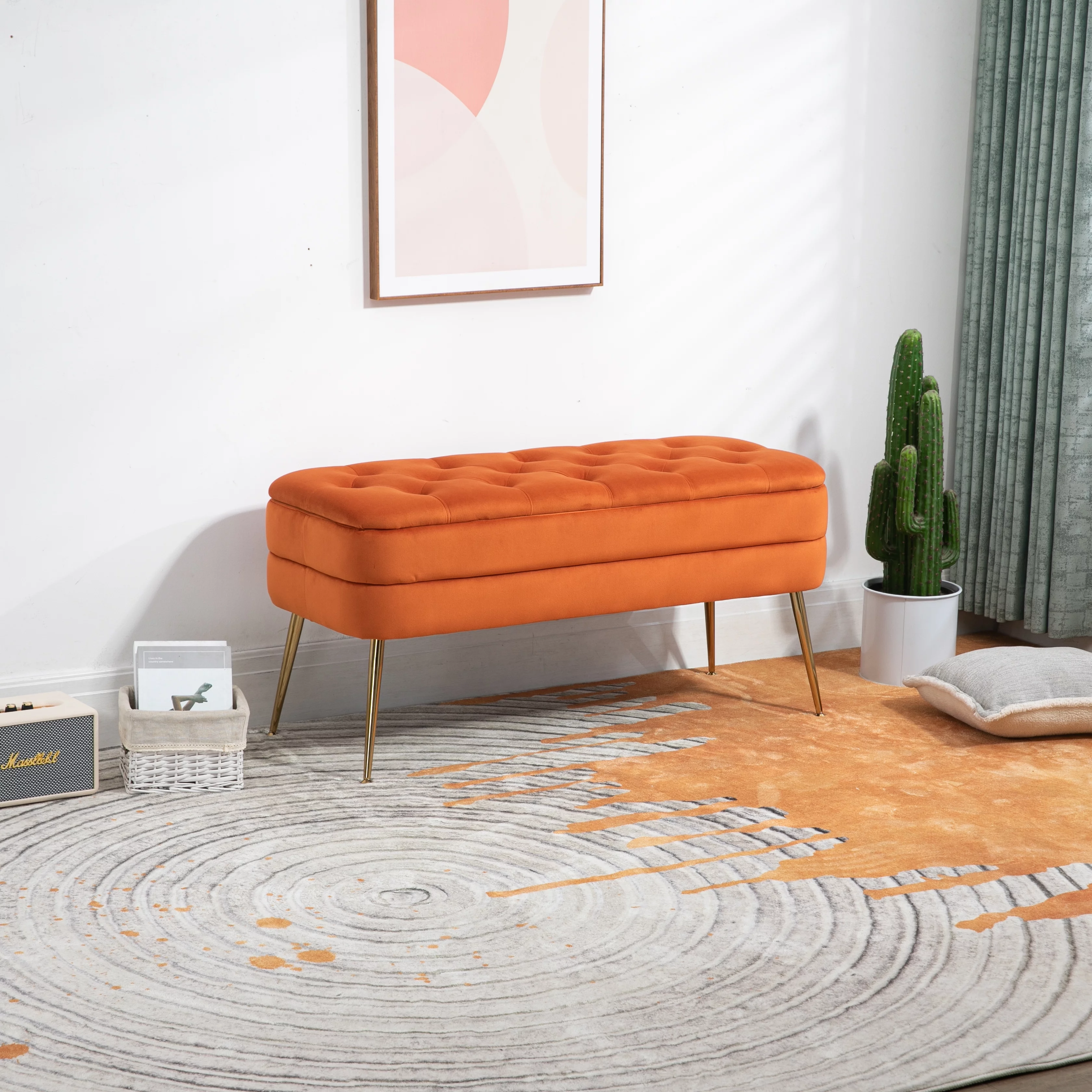 Storage Ottoman Bench Upholstered Velvet Storage Ottoman with Safety Hinge Bench with Storage Bedroom Ottoman Entryway Padded Footstool, Ottoman Bench for Living Room & Bedroom