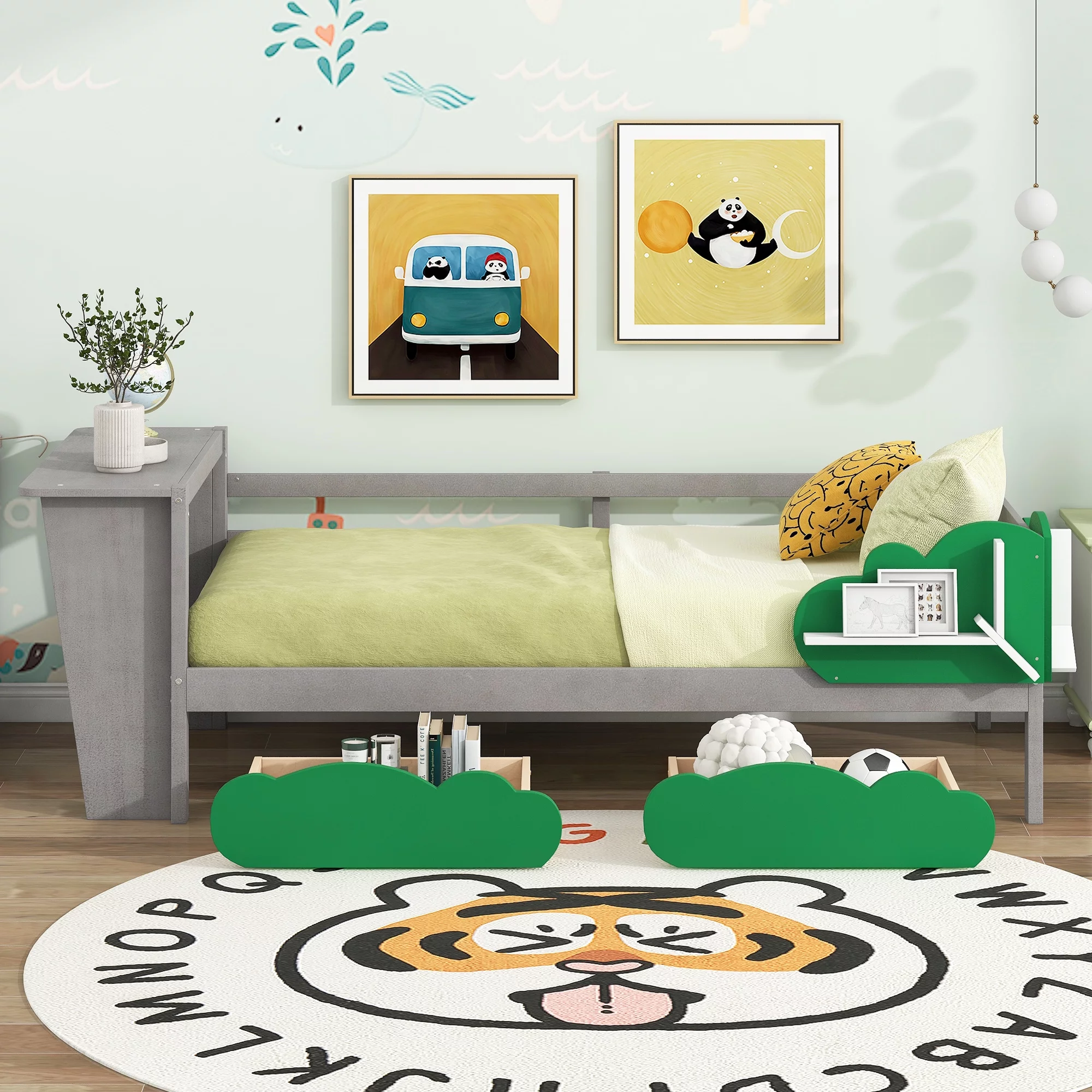 Churanty Twin Size Daybed with Storage Drawers and Desk,Wood Twin Bed Frame with Green Leaf Shape Shelves for Kids Bedroom,Gray