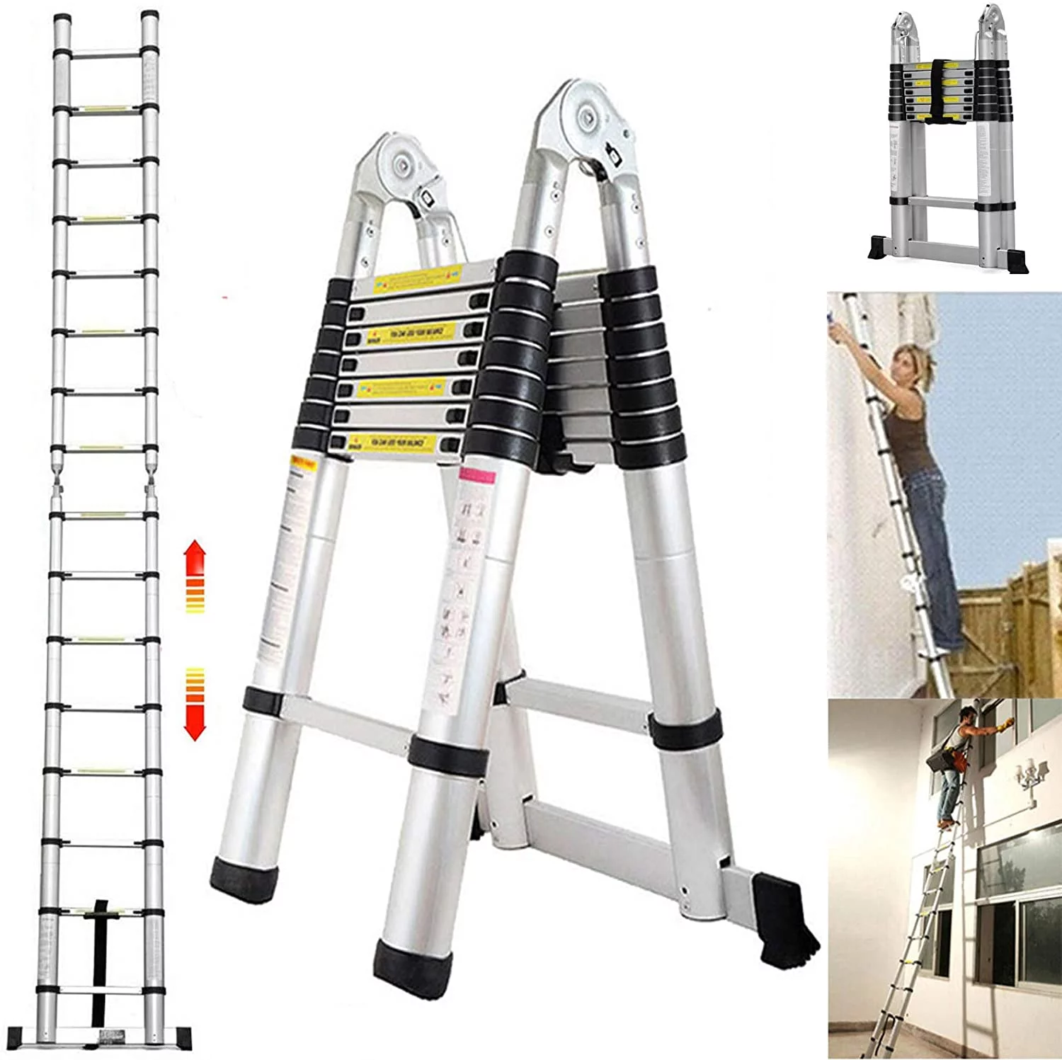 Telescopic Ladder 16.5Ft 5M Multi-Purpose Aluminium Telescoping a-Frame Folding Ladder Extension Extendable 330lb Load Capacity EN131 Standard