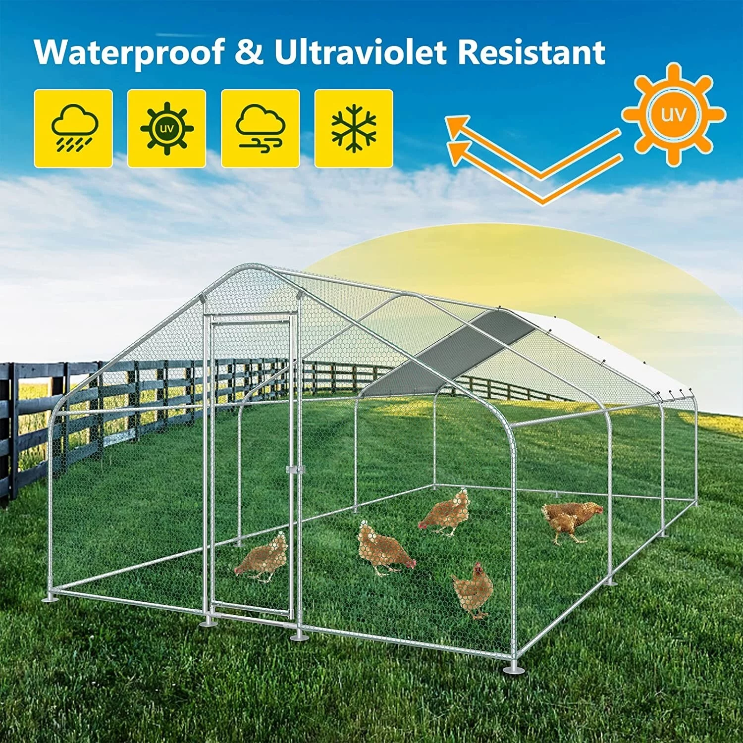 Large Metal Chicken Coop Run with Waterproof Cover - 20L x 10W x 6.56