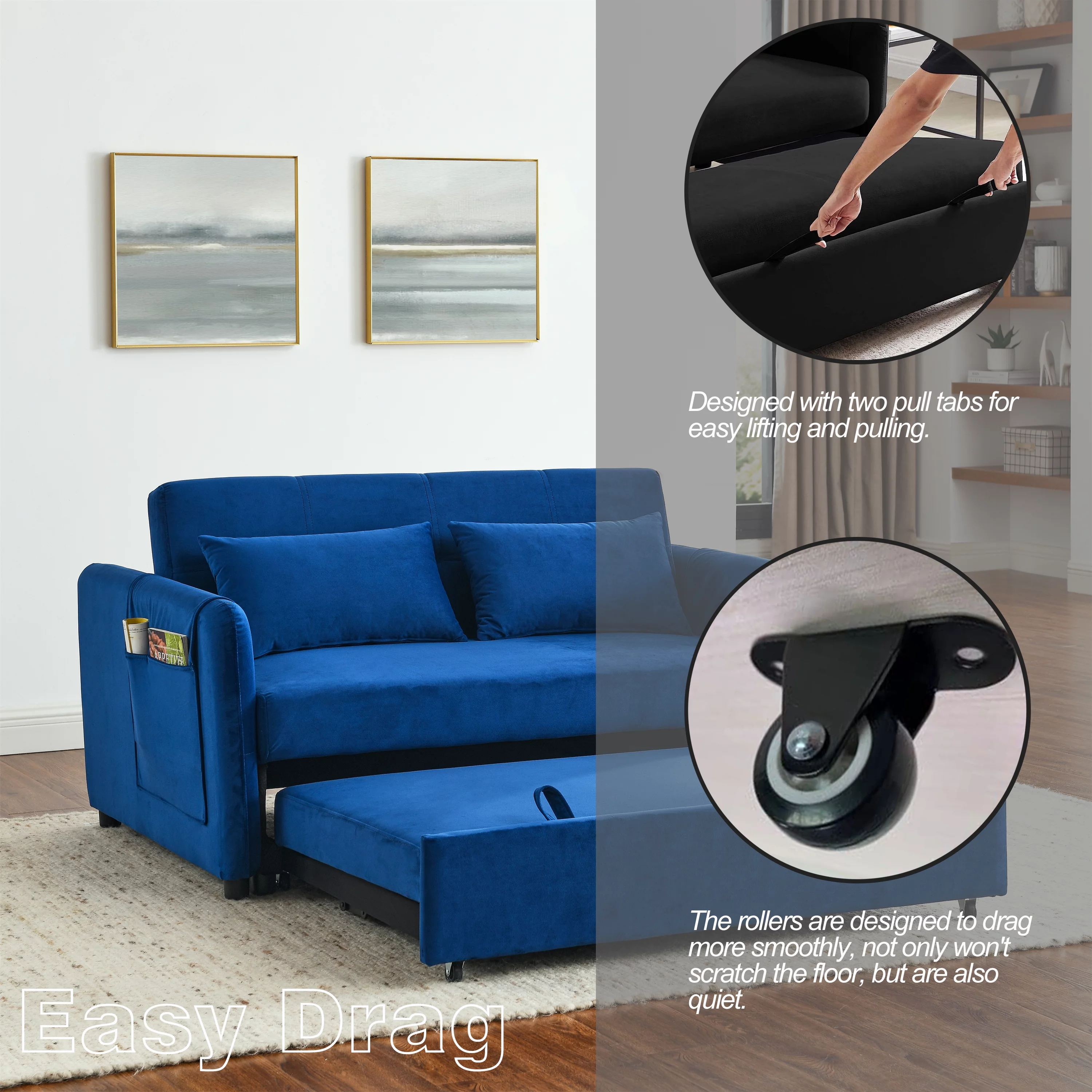 Modern Velvet Pull Out Convertible Sleeper Sofa Bed, Folding Loveseat Futon Couch with Adjustable Backrest Lumbar Pillows for Living Room Bedroom Office