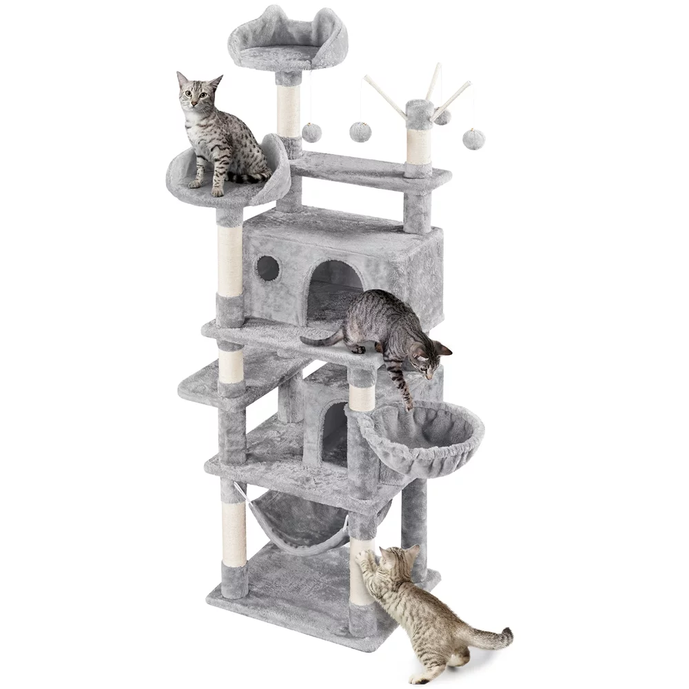 Yaheetech 67'' H Multi-Level Cat Tree Cat Tower with Condos, Light Gray