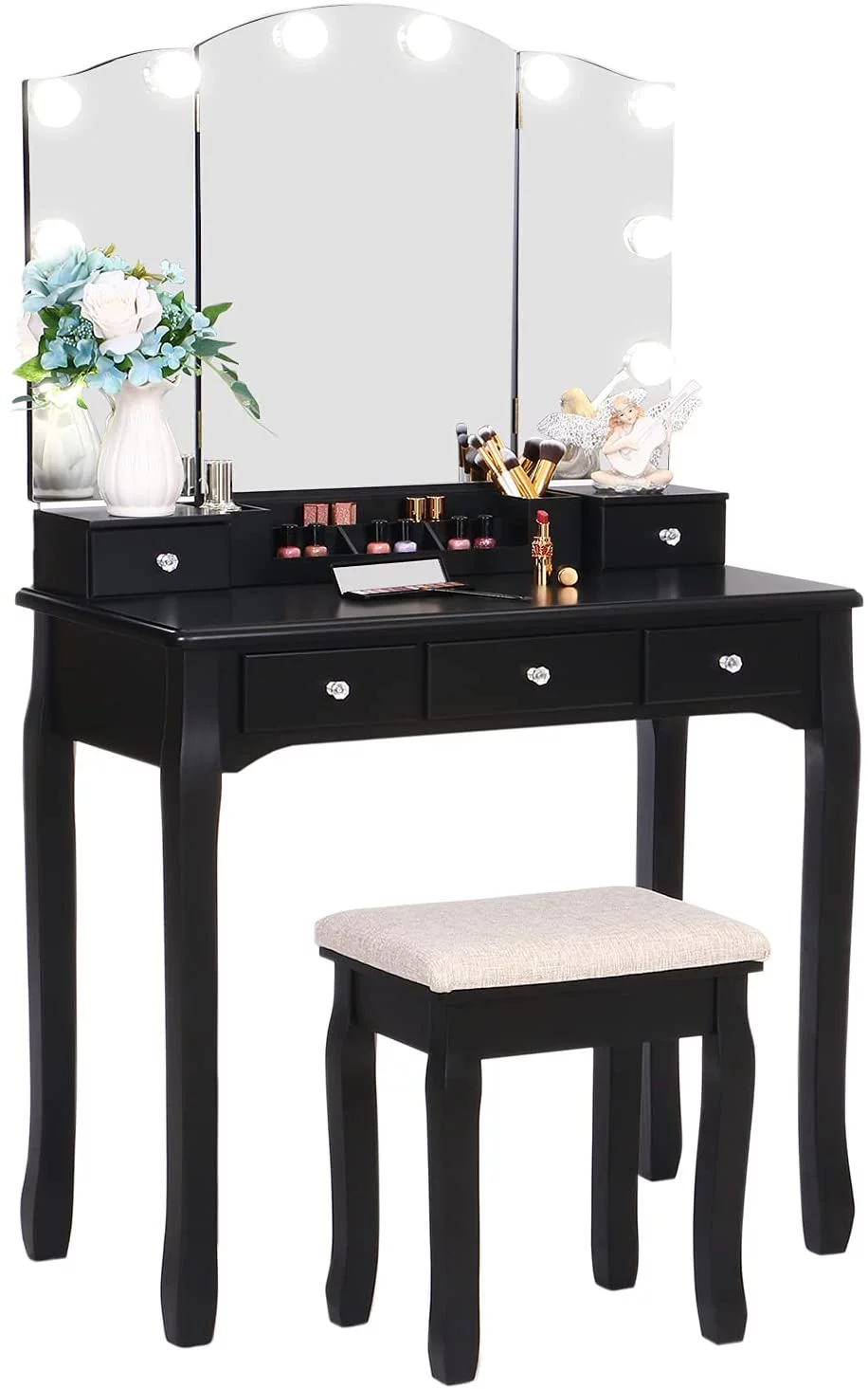 BEWISHOME Vanity Set with Lighted Mirror, Makeup Vanity with Tri-Folding Mirror 10 LED Bulbs, Black Vanity Desk Vanity Table with 5 Drawers 2 DIY Dividers, Cushioned Stool, Movable Organizer FST09H