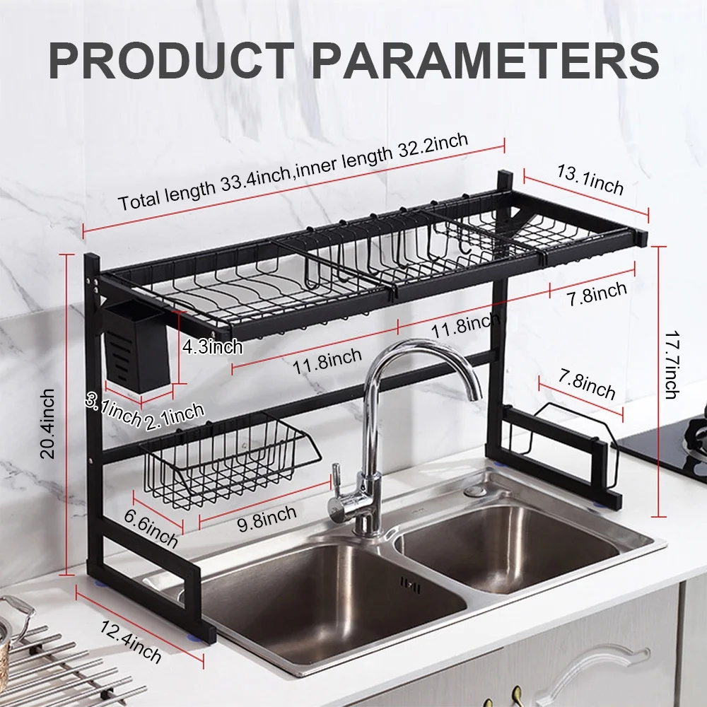 Dish Self Over the Sink Dish Racks for Kitchen Counter 2 Tier Full Stainless Steel Over Sinks Dry Rack , Multifunctional Over Sinks Shelf , Over Sinks Dish Drying Rack ,Black (Single Sink-85CM)