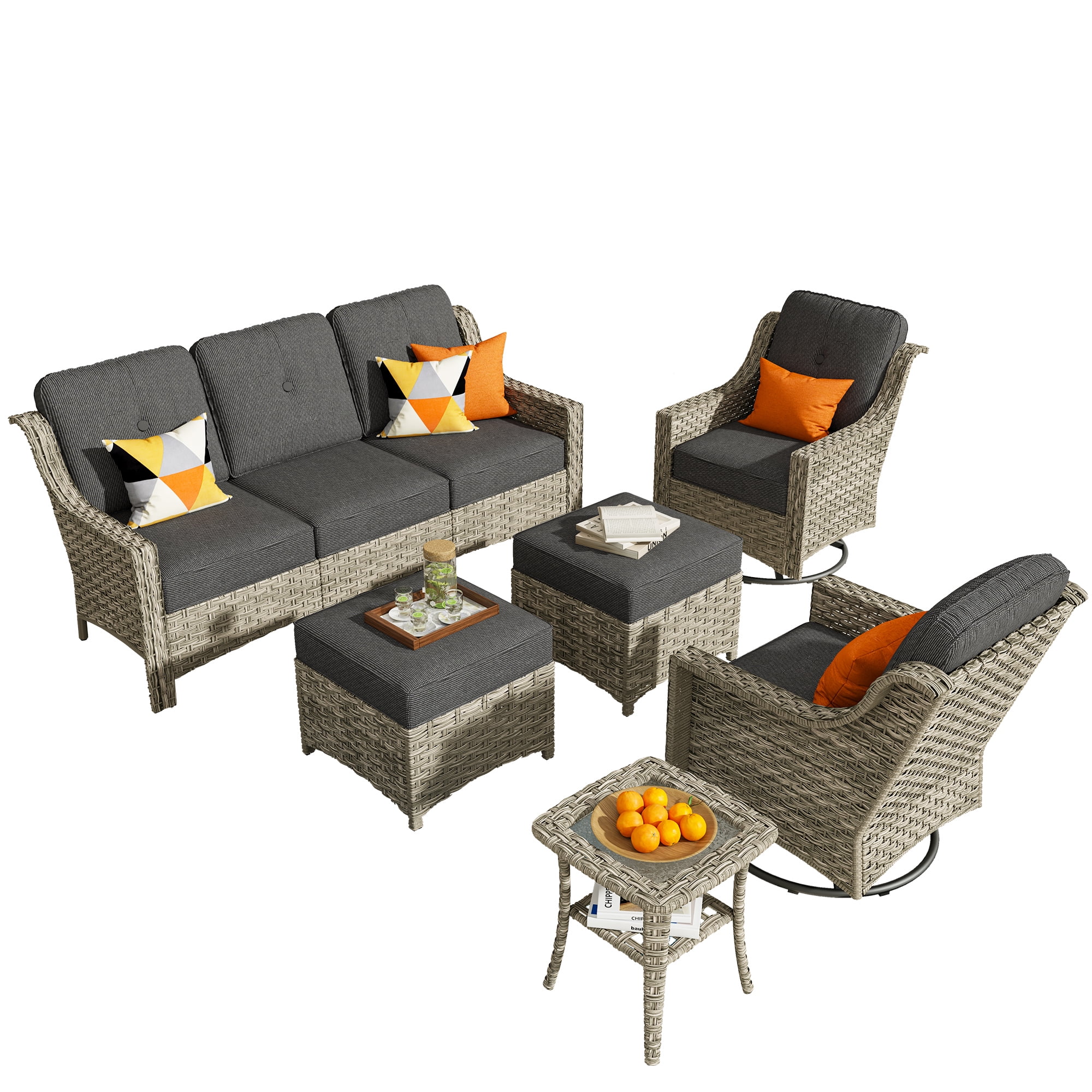 Ovios High-Back Outdoor Furniture 6 Pieces Gray Wicker Patio Conversation Set with Rocking Swivel Chairs for Backyard
