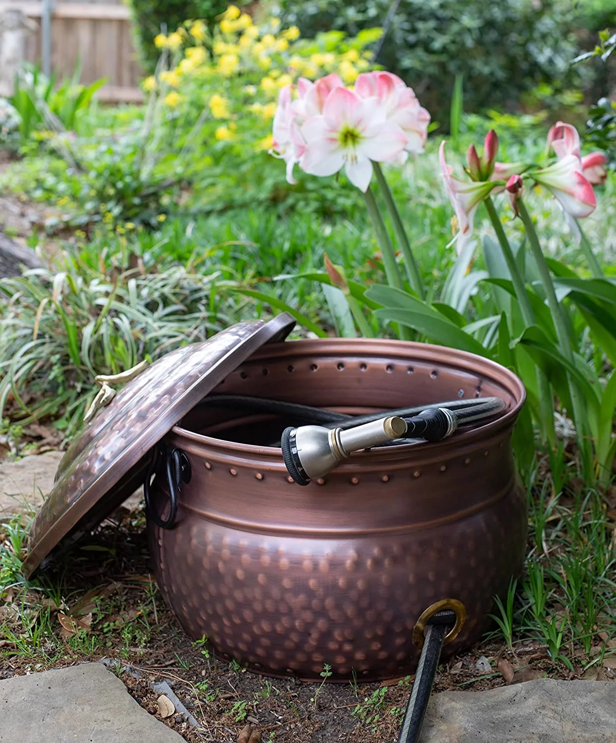 Water Hose Holder with Lid | Holds 200ft Hoses | Ground Garden Hose Pot | Decorative | Handle | Embossed | Steel Metal with Copper Accents | Outdoor or Indoor Use