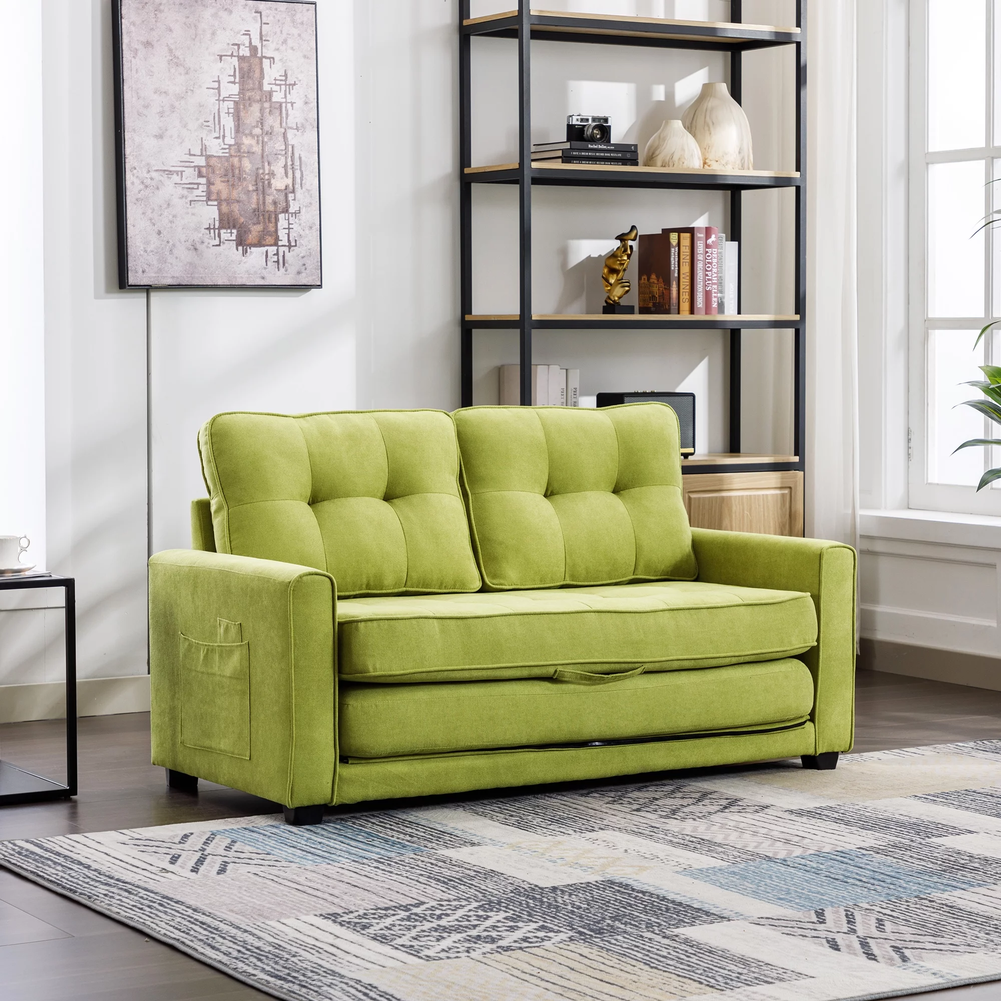 Churanty Convertible Sofa Bed Pull Out Sleeper Loveseat Sofa Chenille Upholstered Couch with Side Pockets for Small Space,Green