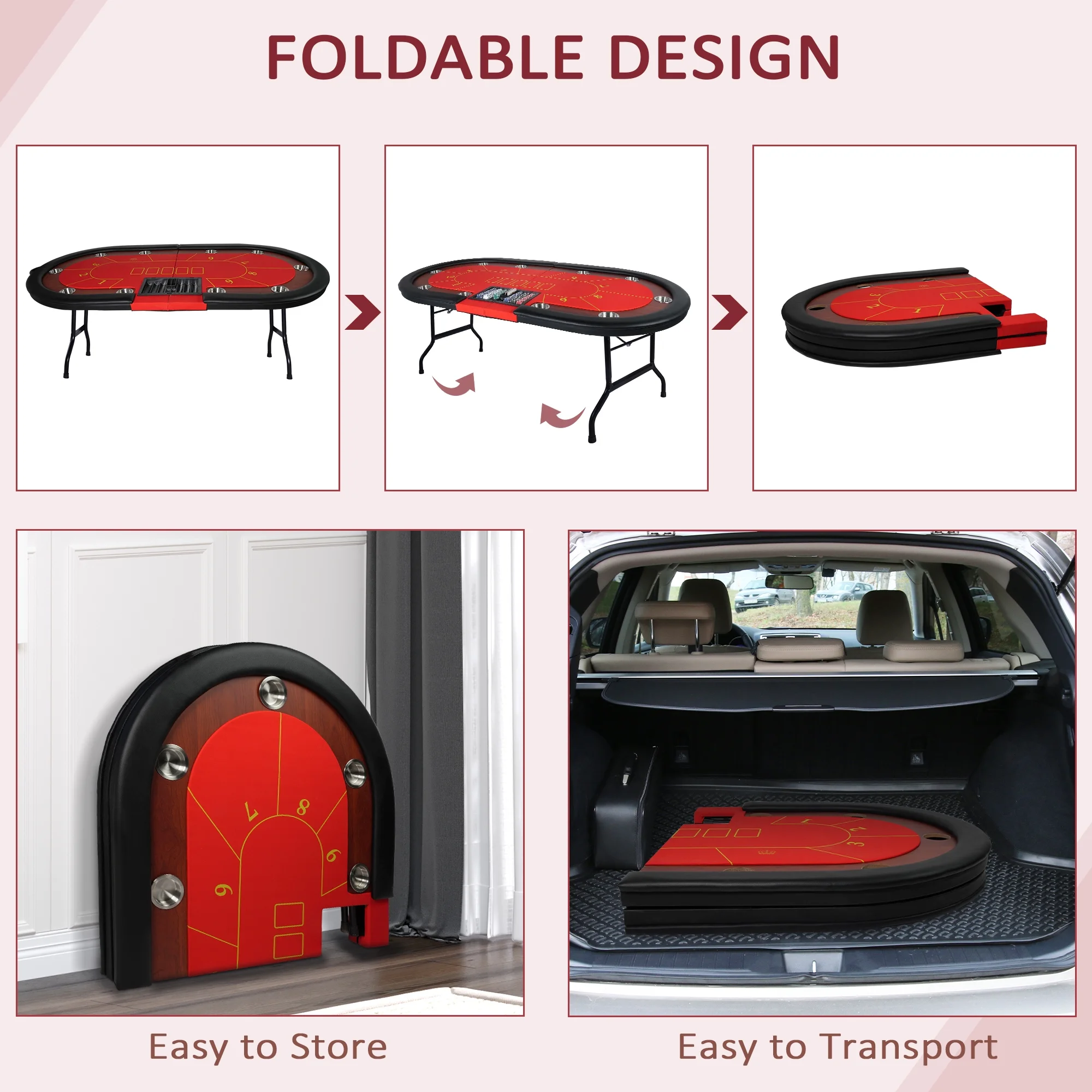 10 Player Foldable Poker Table with Cup Holders, Portable Texas Blackjack Holdem Poker Table with Chip Tray, Folding Casino Leisure Card Board Game Table with Padded Rails, Stylish Red Design