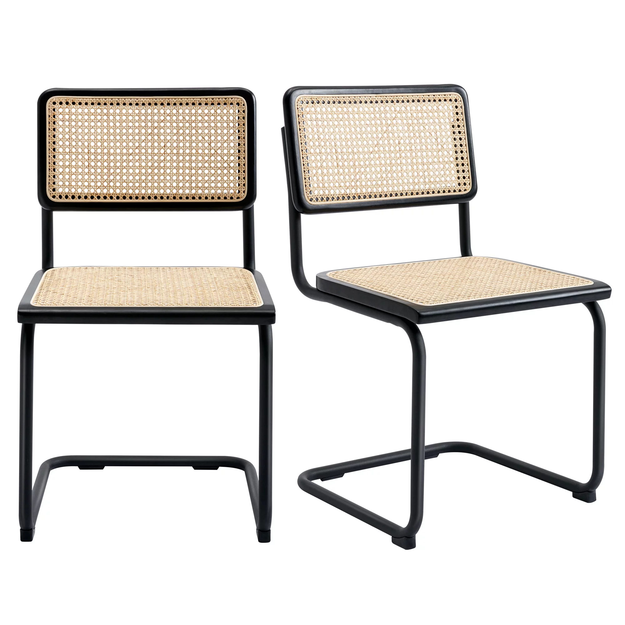 ONEVOG Rattan Dining Chairs Set of 2, Mid Century Modern Kitchen Chairs with Black Meal Legs, Armless Cane Chairs, Black
