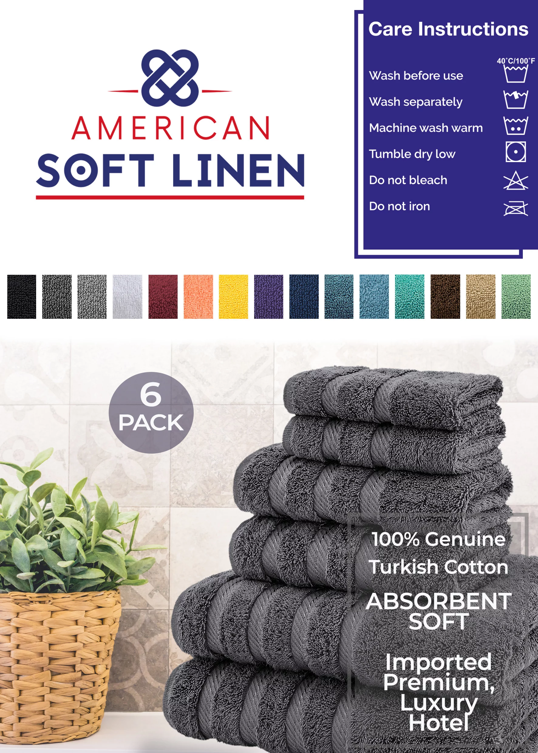 American Soft Linen Gray Towel Set 100% Turkish Cotton Towels for Bathroom 6 Piece