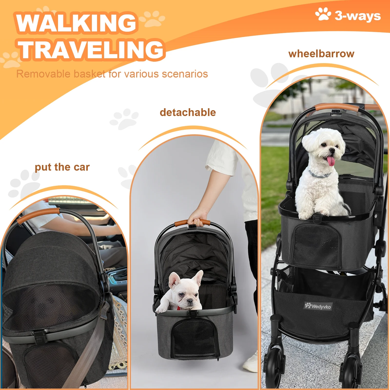 Wedyvko Dog stroller, Foldable Pet Travel System 3 in 1 Multifunction Pet Stroller, Sturdy Aluminum Alloy Frame Up to 55 lbs (Black)