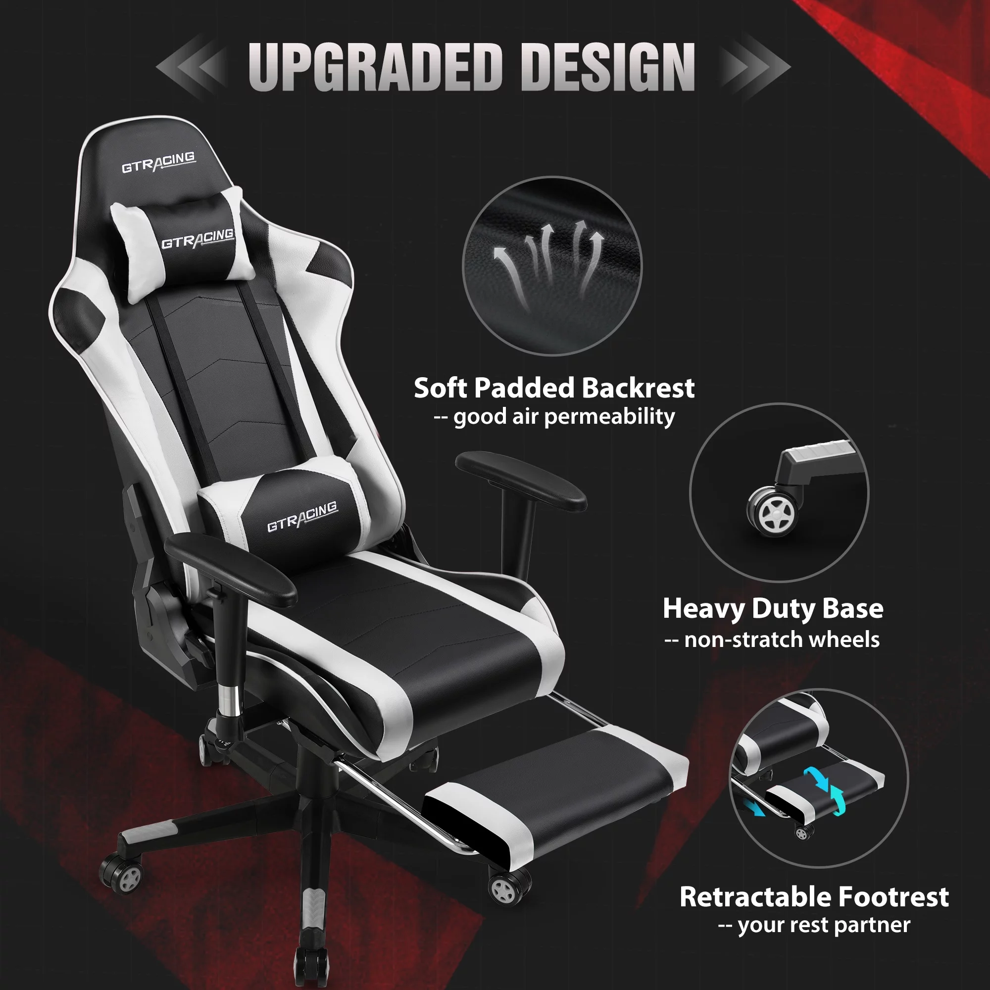 GTRACING Gaming Chair with Footrest PU Leather Office Chair with Adjustable Headrest, White