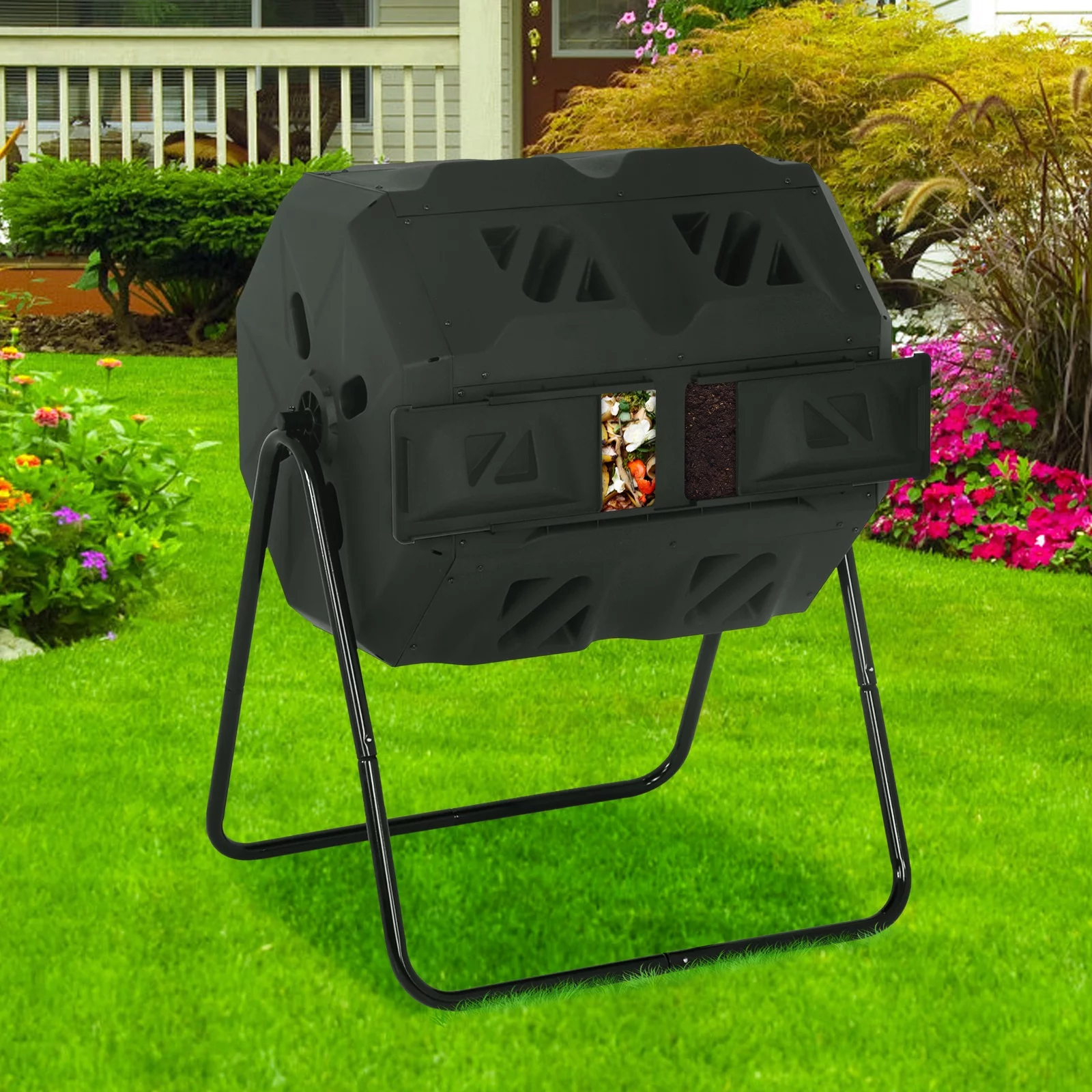 NiamVelo 43 Gallon Durable Tumbling Compost Bin Outdoor Compost Tumbler Bucket with Dual Rotating Chamber, Black Door