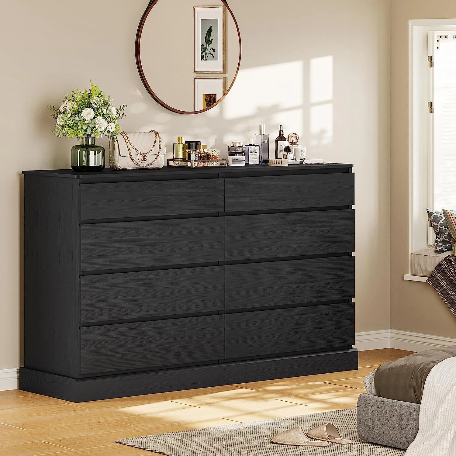 8 Drawers Double Dresser Wooden Black Dresser Chest of Drawers for Bedroom, Large Storage Cabinet for Home Living Room