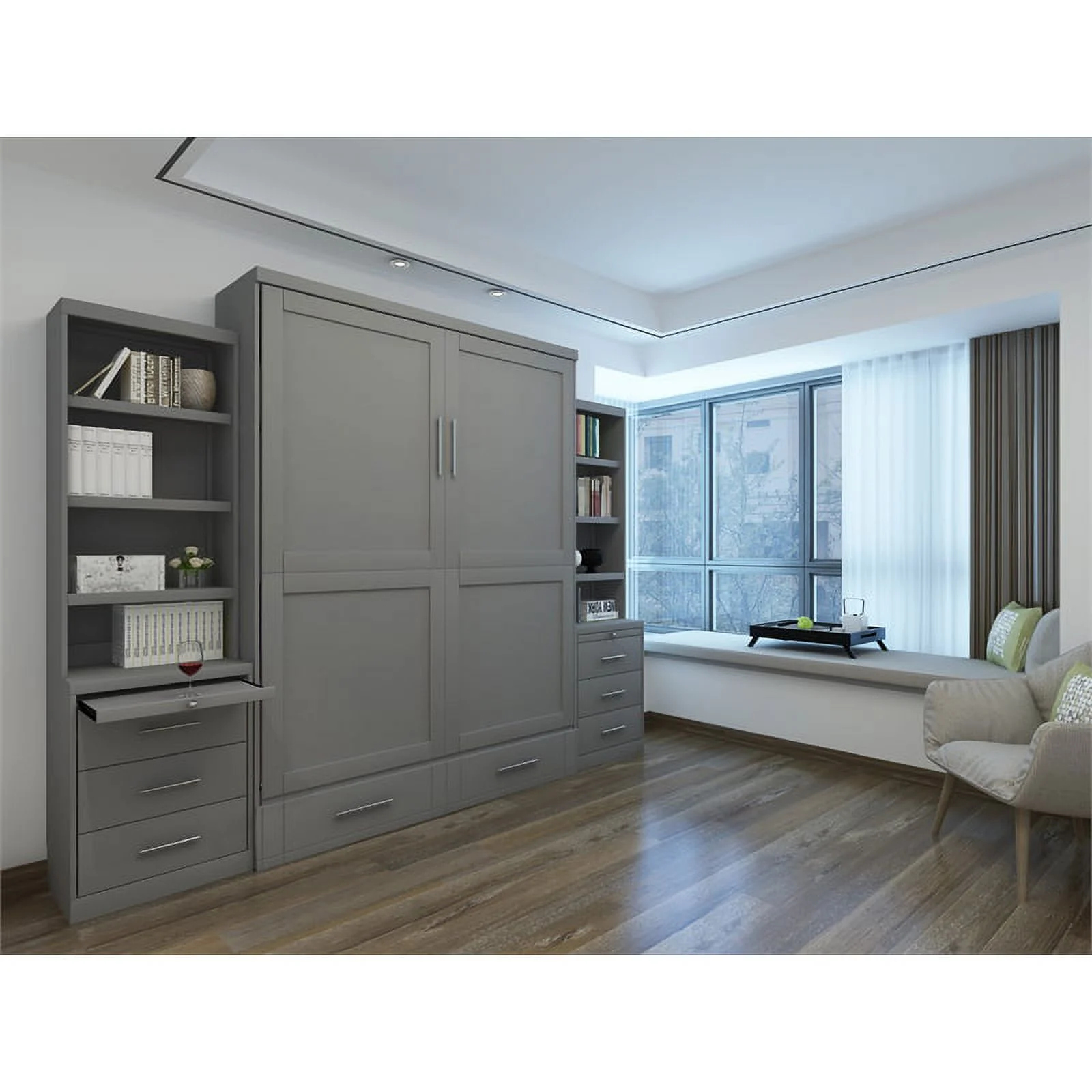 RoomAndLoft Queen Wood Murphy Wall Bed & 2 Shelf Storage Units in Gray