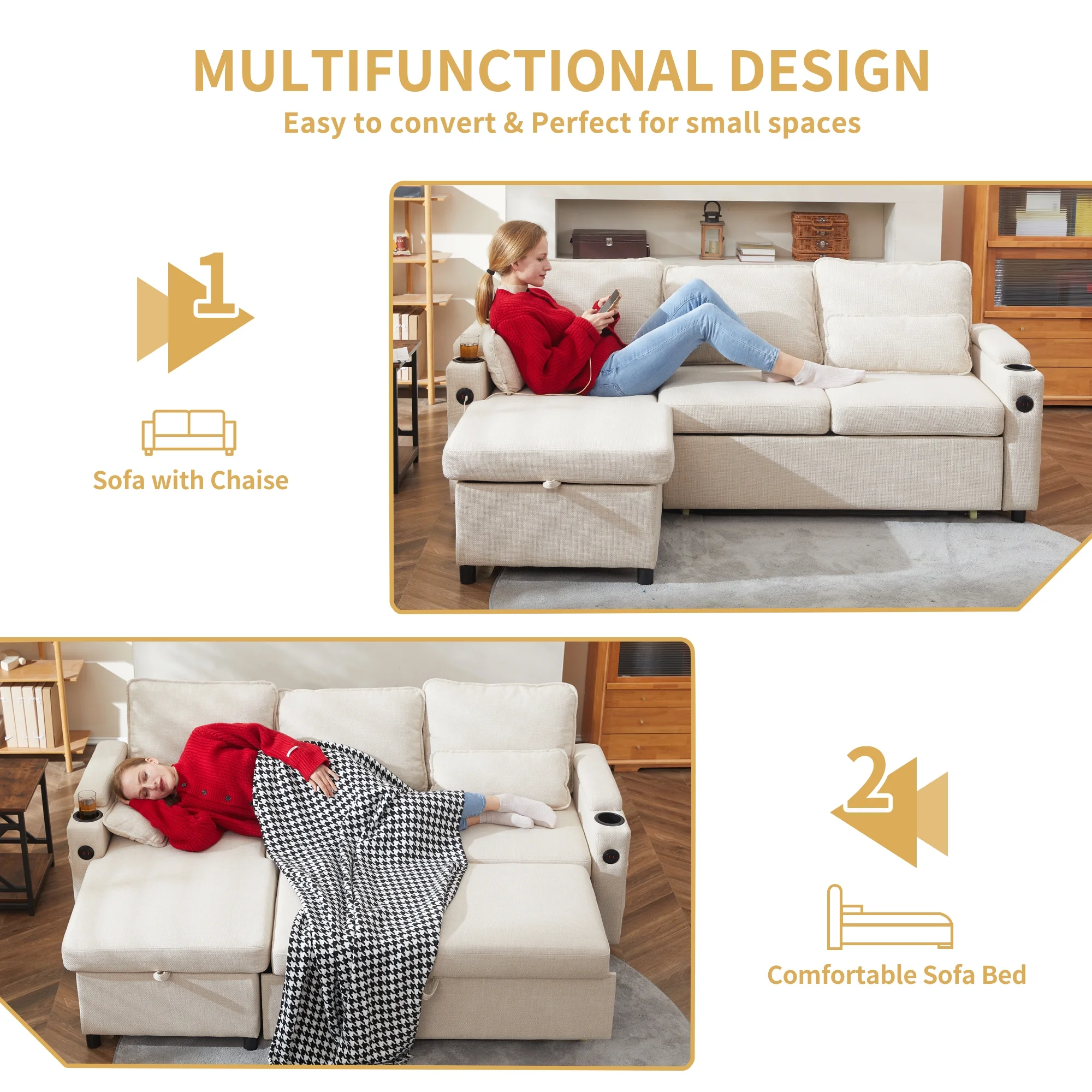 Duraspace Sectional Sleeper Sofa with Storage Chaise, Reversible Pull Out Couch Sofa Bed, L-Shape Beige