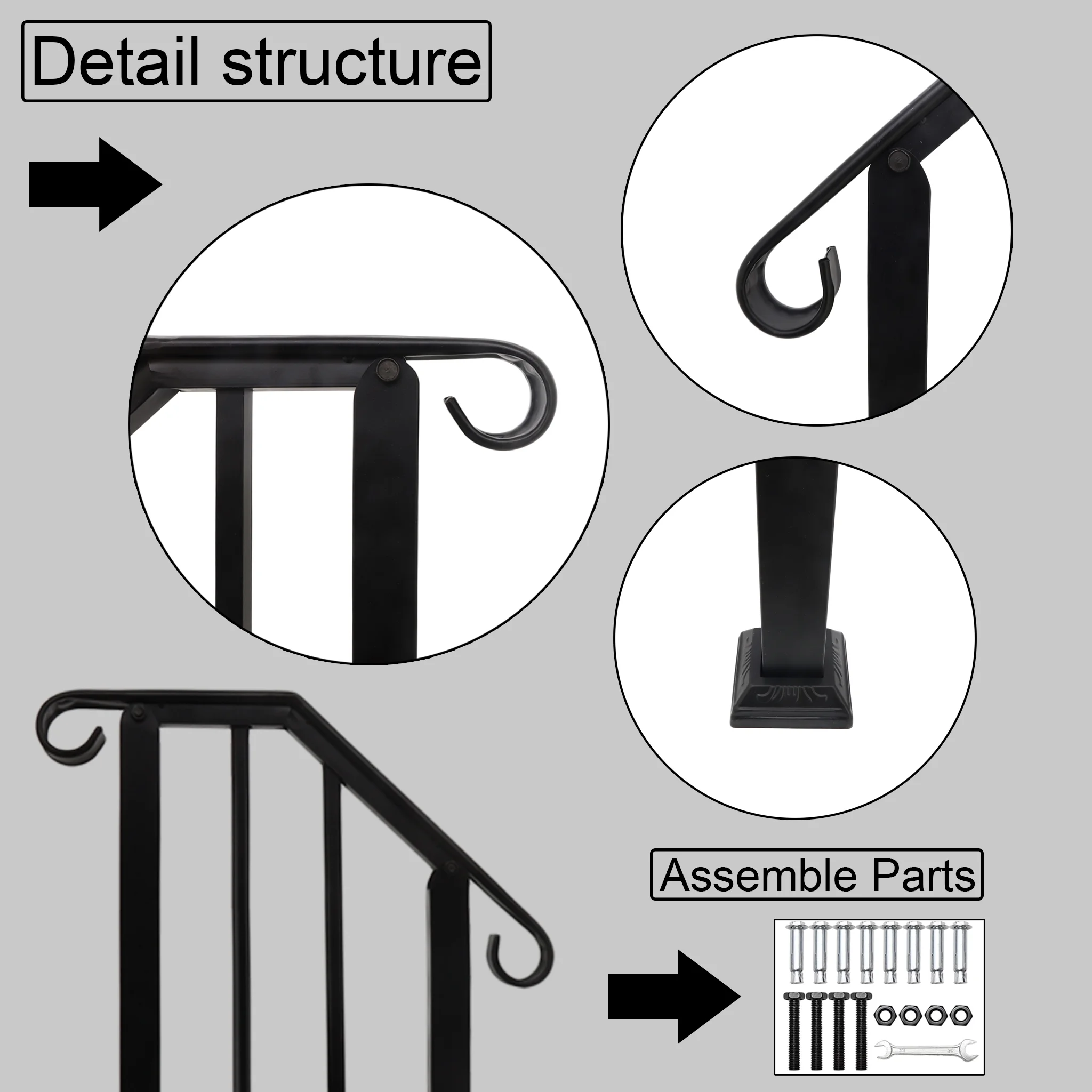 Parisloft Black Handrail for Outdoor Steps Indoor Stairs, Metal Hand Rails for Porch/Exterior Concrete Steps/Wooden Stairs Fit 1 to 2 Steps with Installation Kit