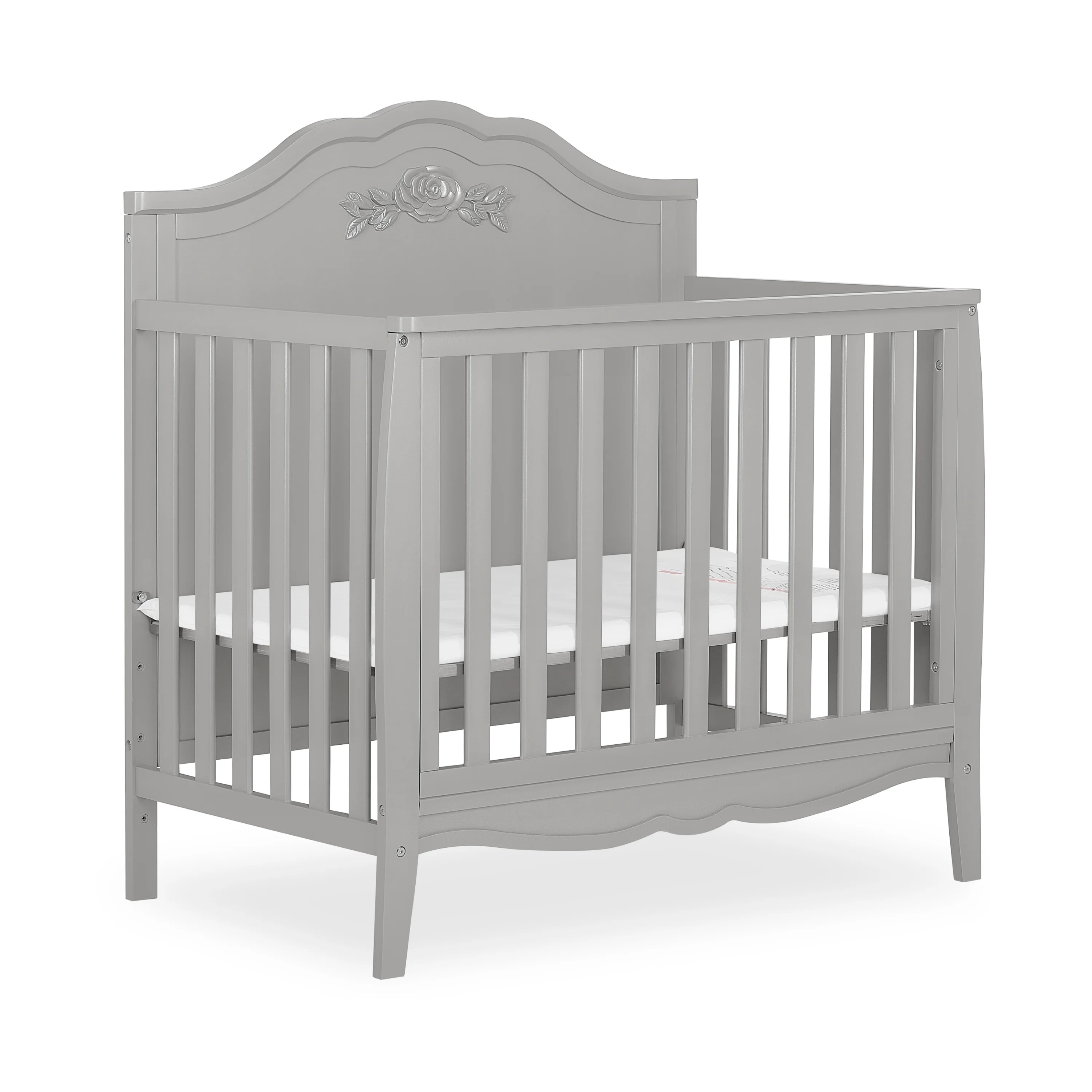 SweetPea Baby Rose 4-in-1 Convertible Mini Crib in Platinum, JPMA Certified Baby Crib, Non-Toxic Finish, New Zealand Pinewood, with 3 Mattress Height Settings Crib Platinum