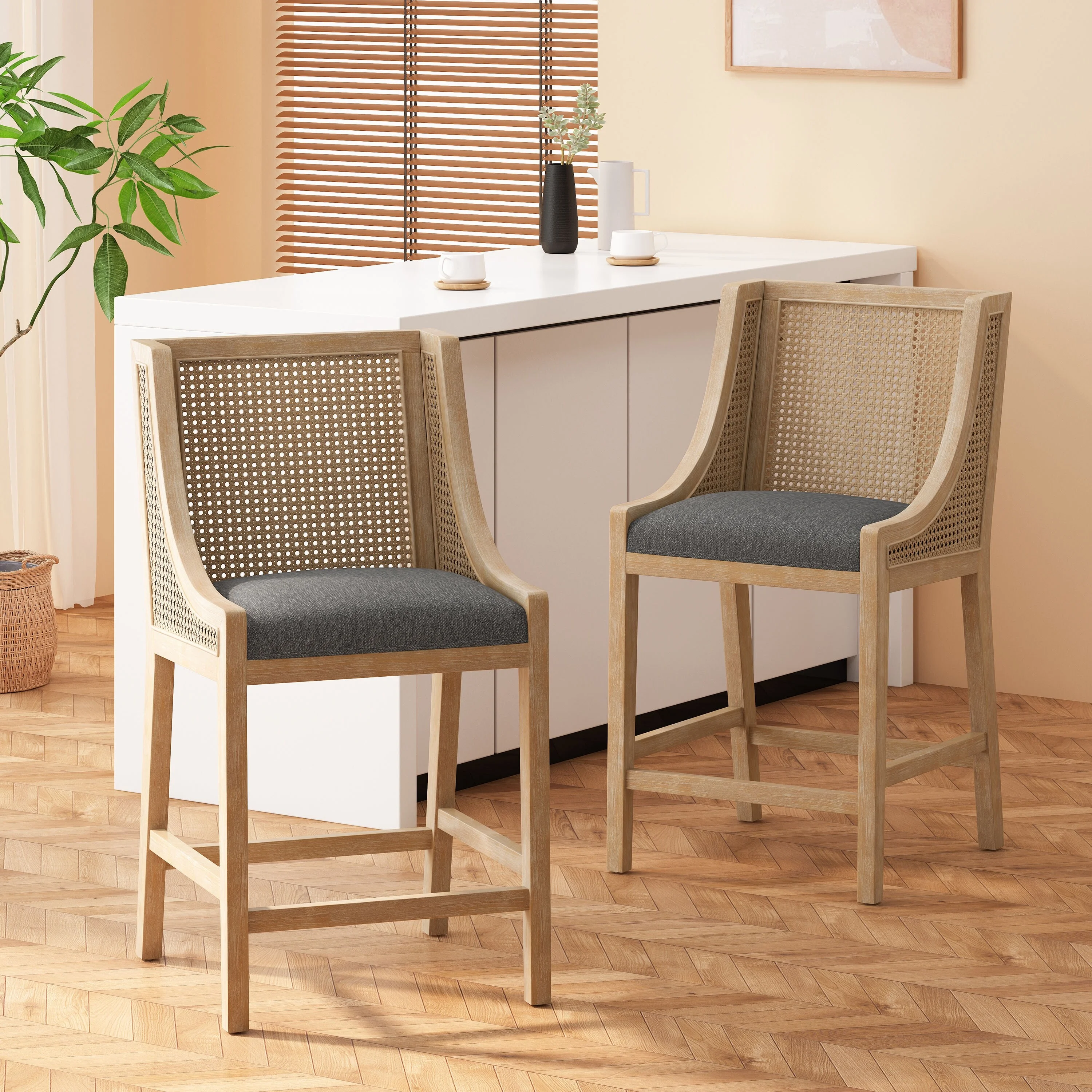 Christopher Knight Home Cataldo Fabric Upholstered Wood and Cane 25.5 inch Counter Stools (Set of 2) by  Beige