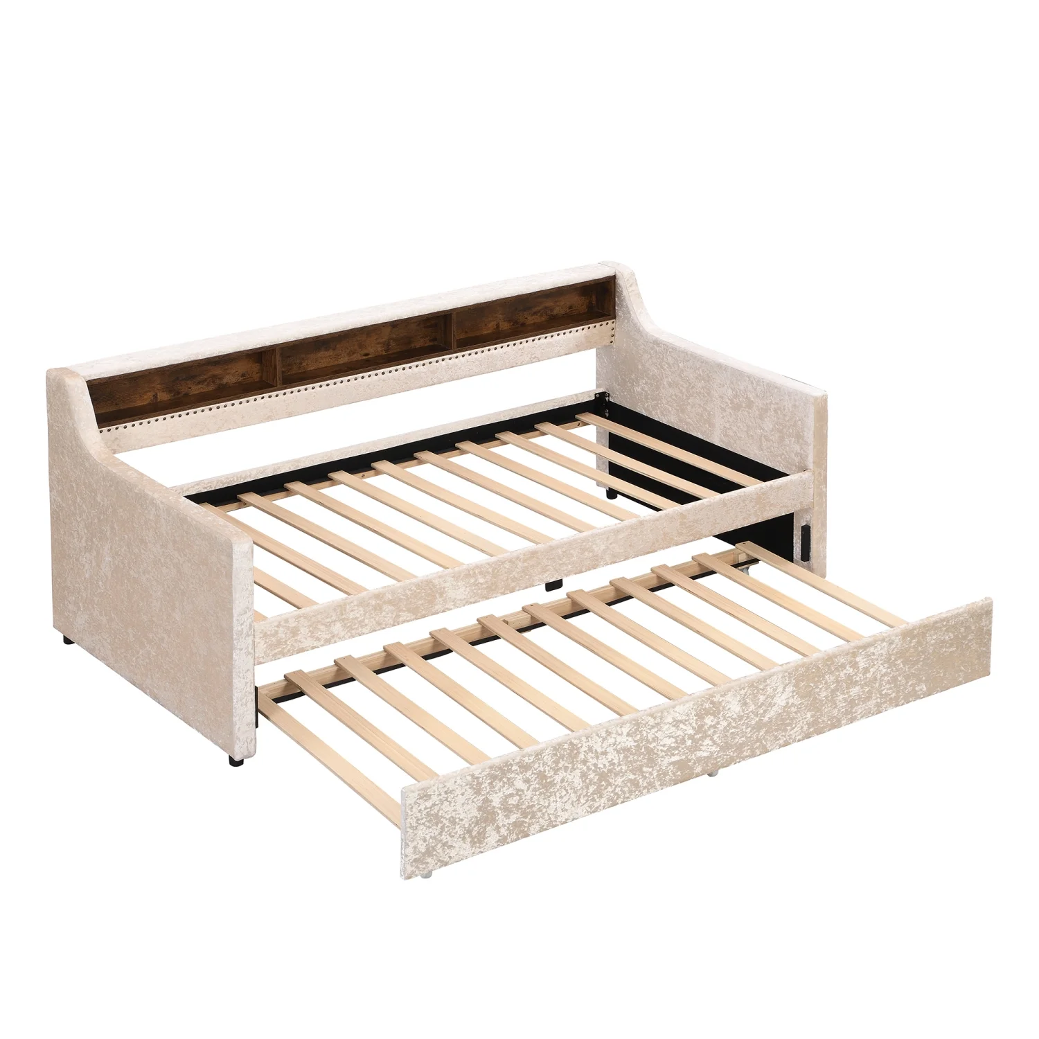 Churanty Twin Size Upholstered Daybed with Trundle and Built-in Storage Shelves, Snowflake Velvet Sofa Bed Wood Day Bed Frame for Bedroom Living Room Guest Room, Beige